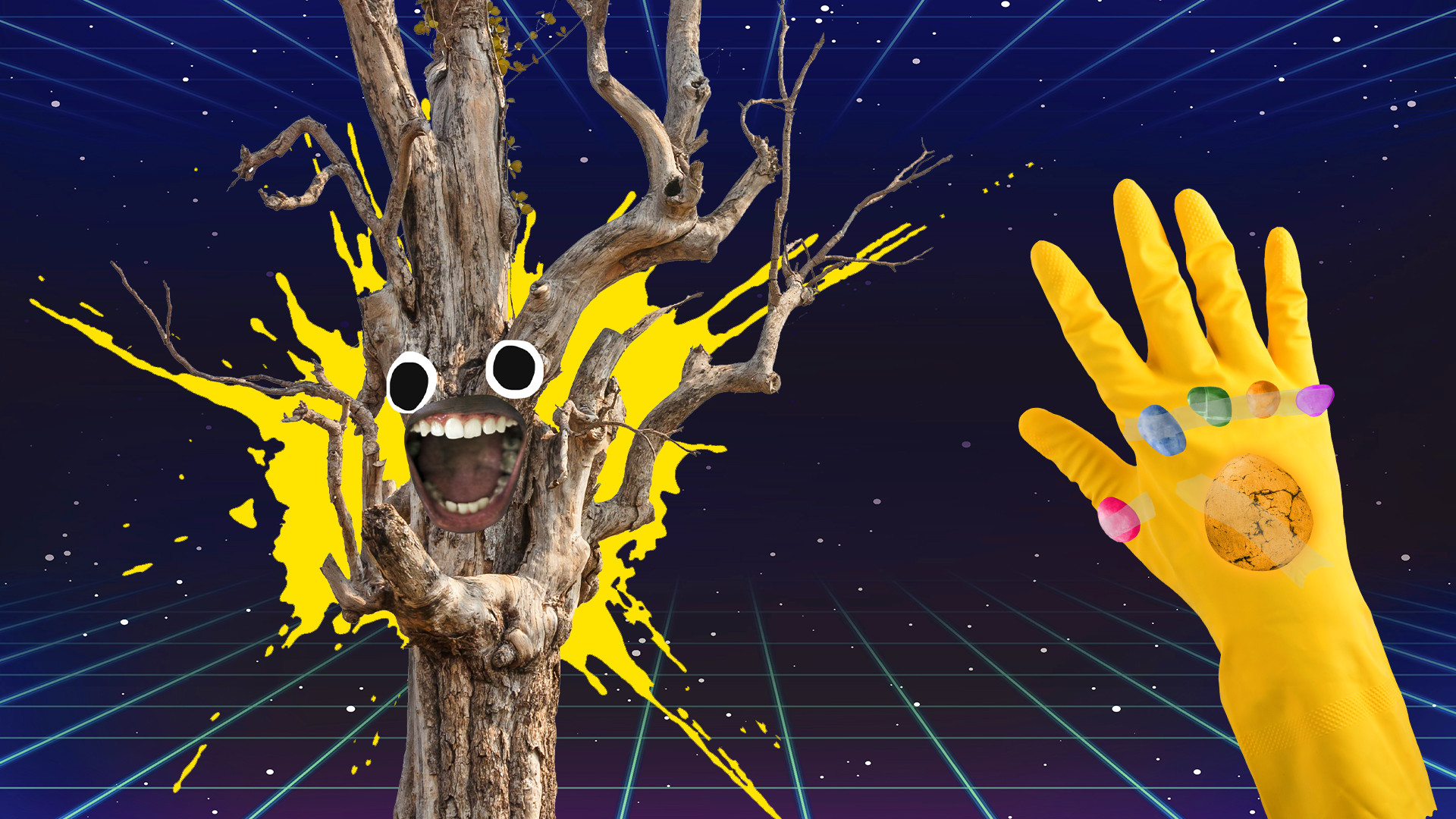 Groot, glove and yellow splat on space laser background