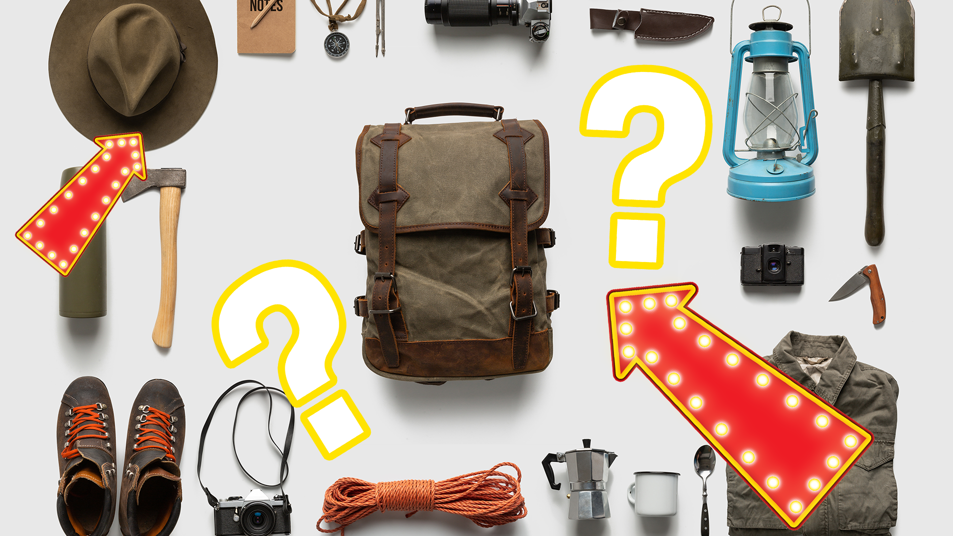 Camping equipment on white background with question mark