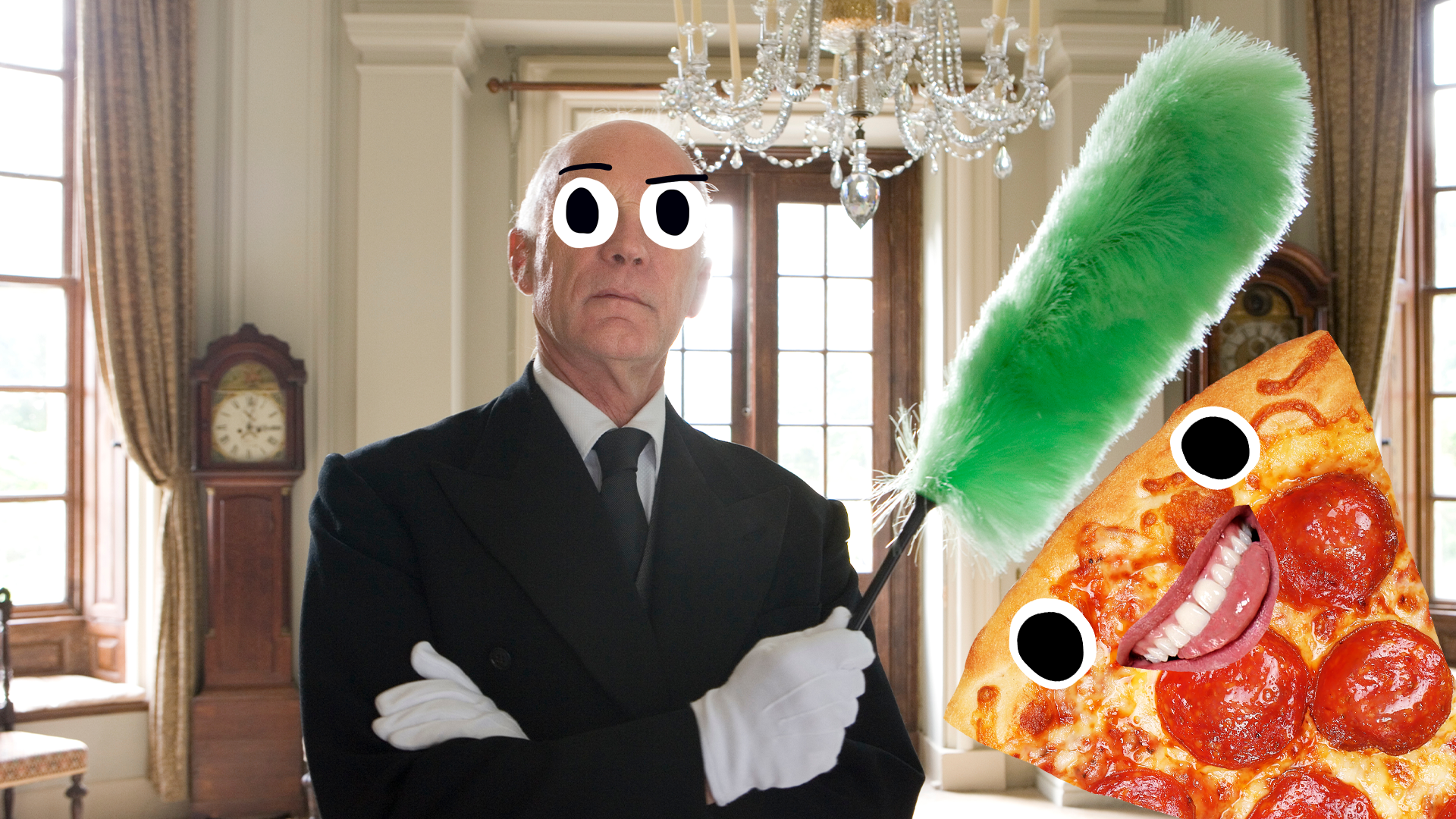 Butler with feather duster in fancy room with derpy pizza slice