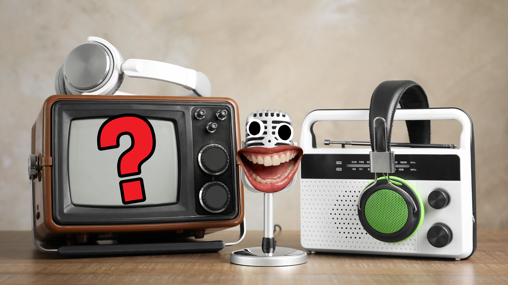 Old headphones, radio and tv with smiley face on microphone 
