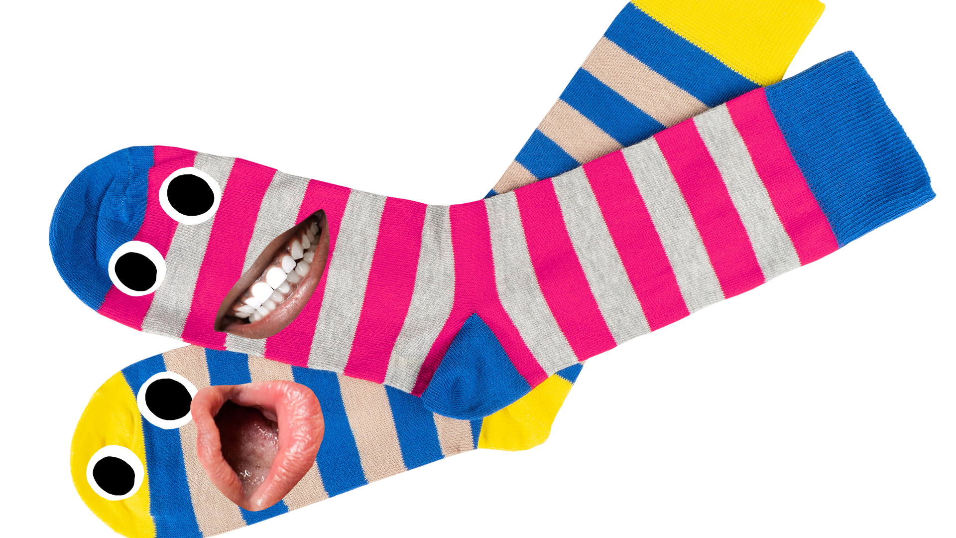 Pair of mismatched stripy socks on white background with silly faces