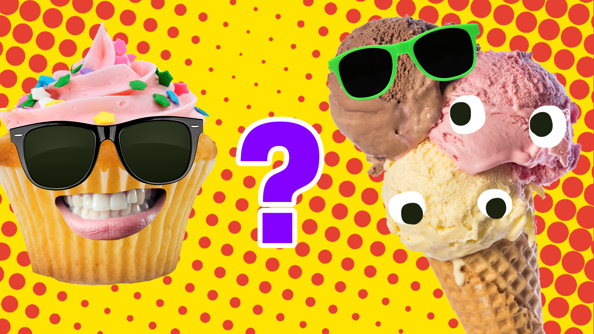Cake and Icecream with faces on spotted background with blue question mark 