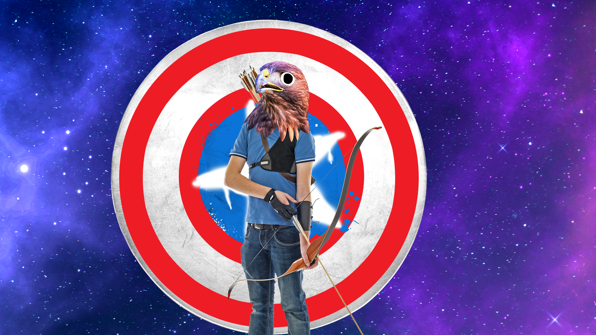 Hawkeye hawk on captain shield and space background 