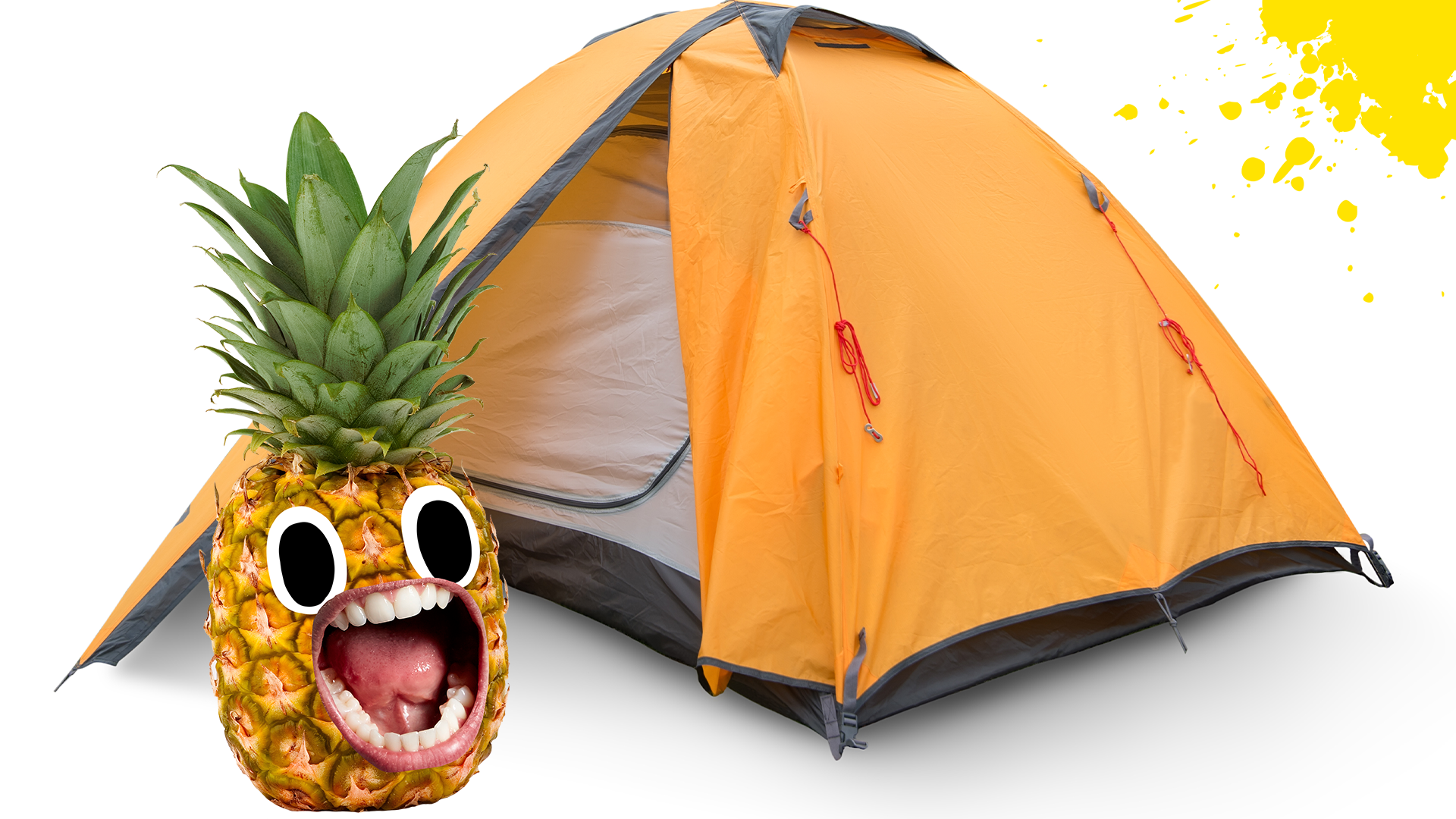 Tent on white background with screaming pineapple