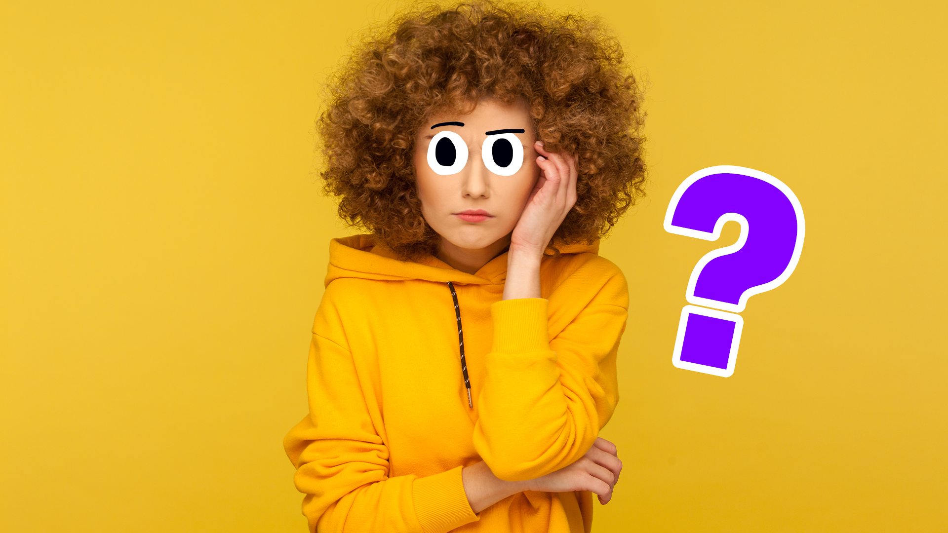 Woman scratching her head on yellow background with blue question mark 