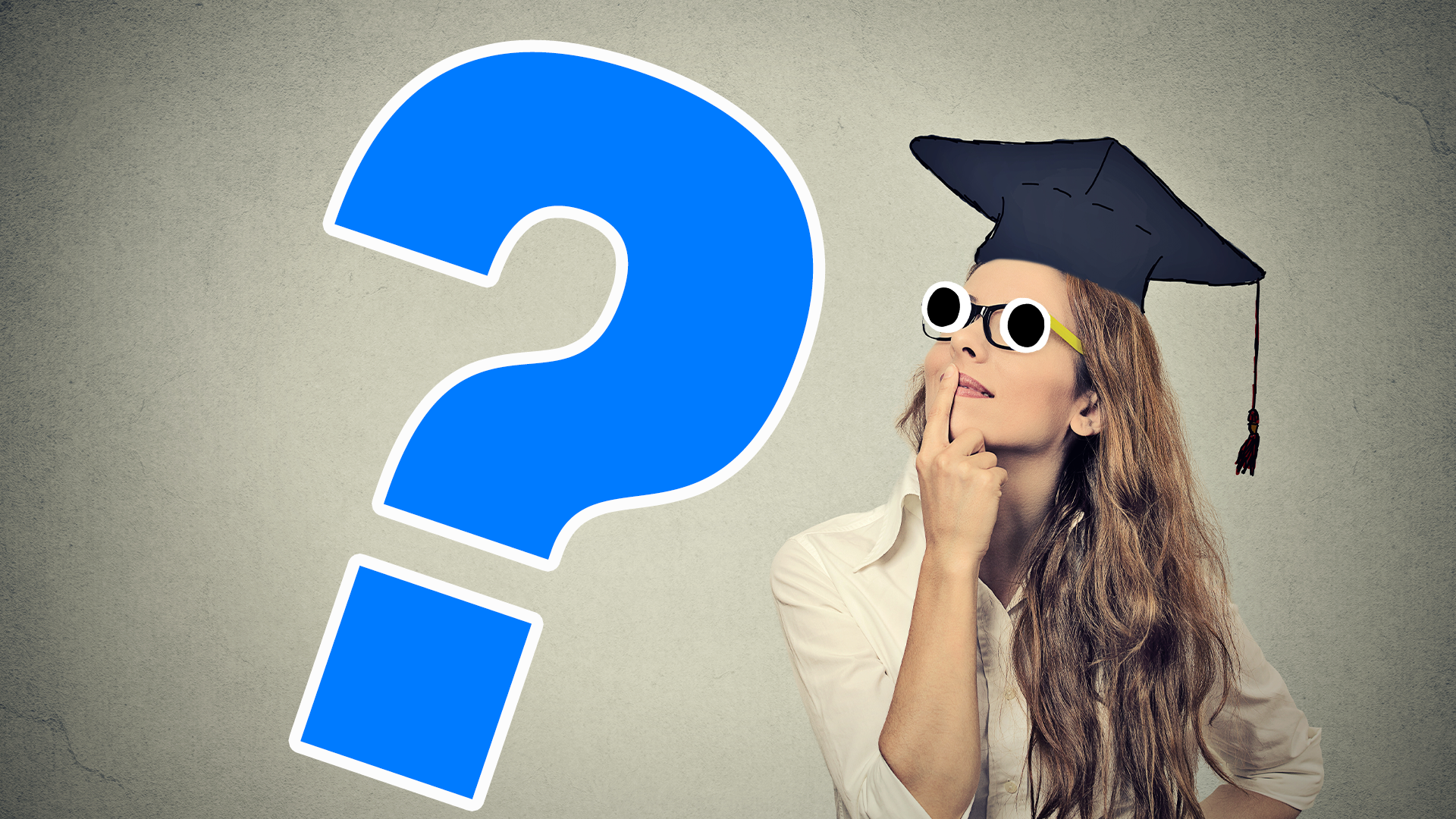 Woman in teacher's cap pondering with blue question mark on grey background
