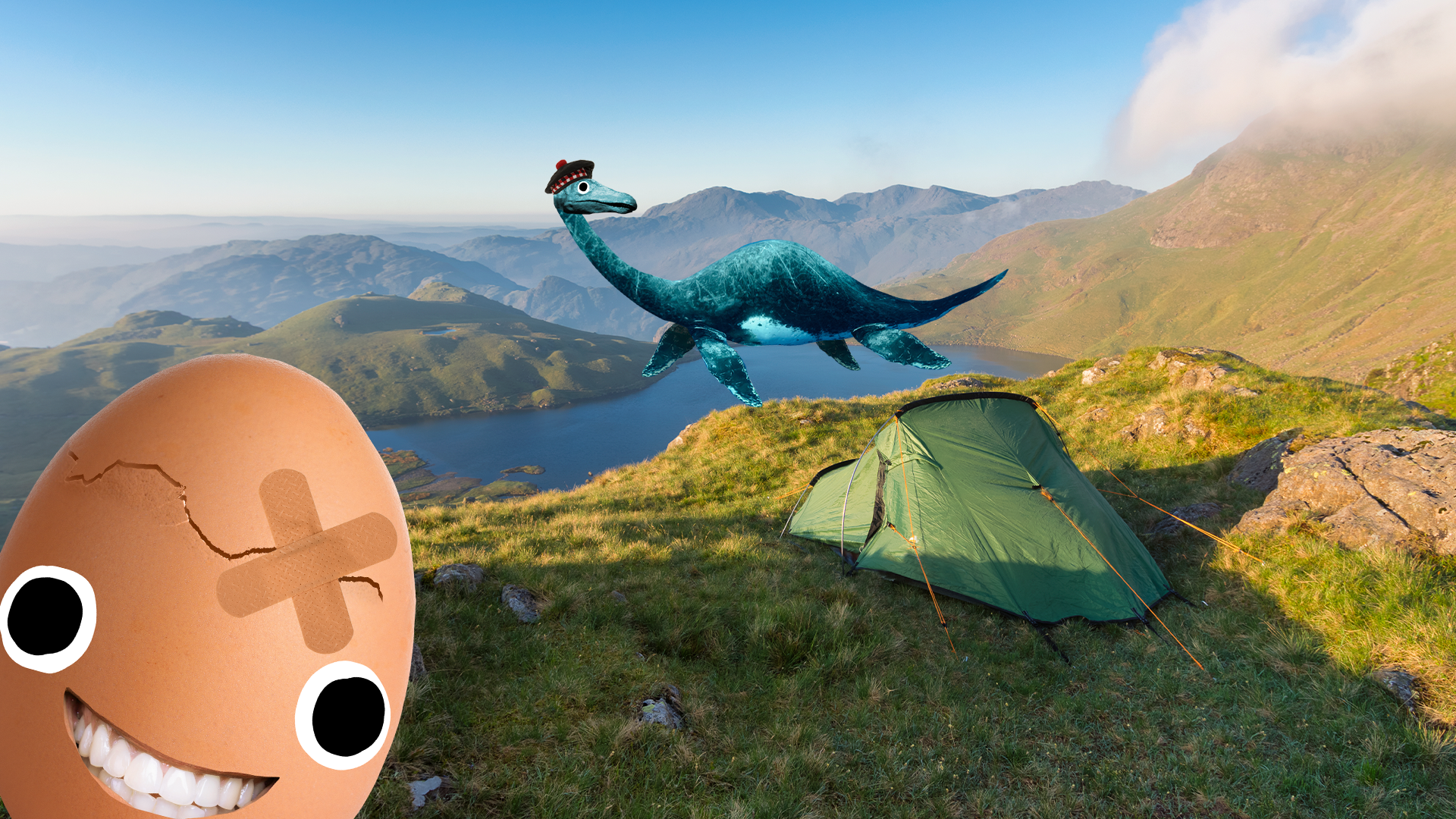 Tent on mountain with Beano egg and Nessie