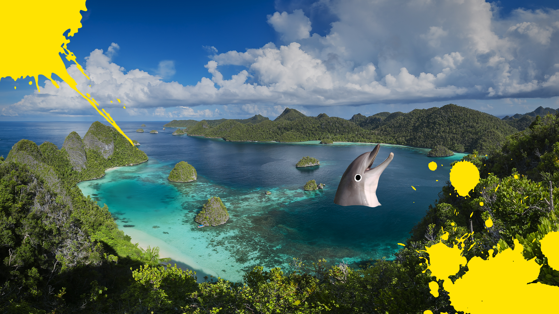 Papua New Guinea scene with yellow splats and Beano dolphin head