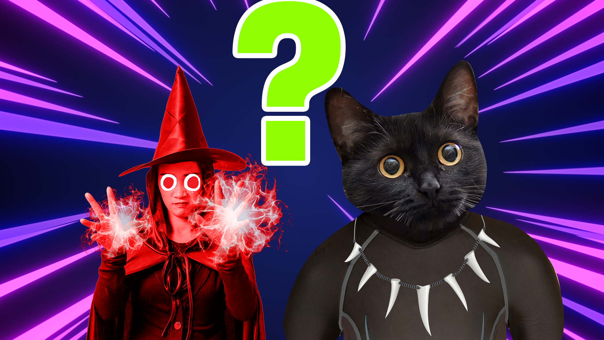 Scarlet Witch and Black Panther cat on laser background with green question mark