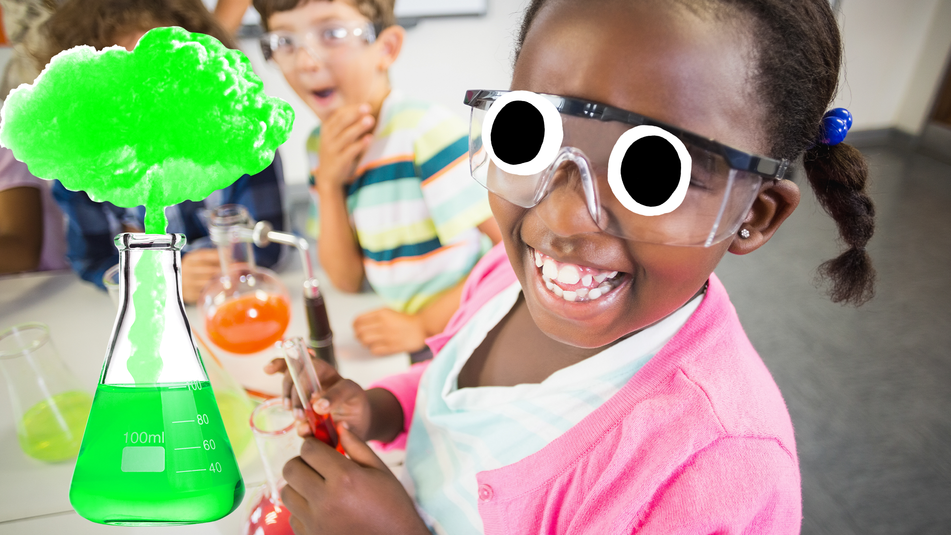 Children doing science with beaker full of green liquid