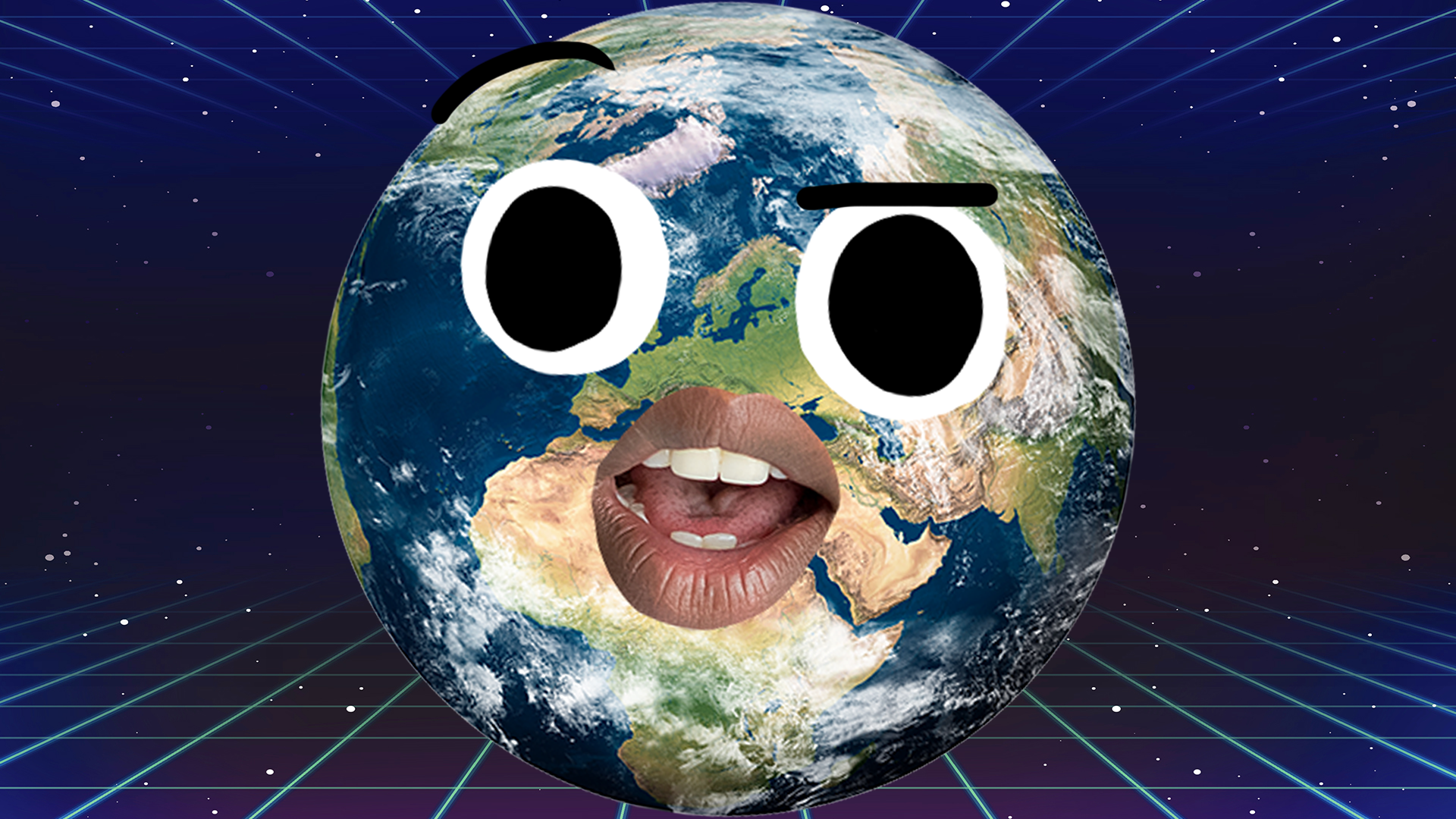 World with face on space laser background
