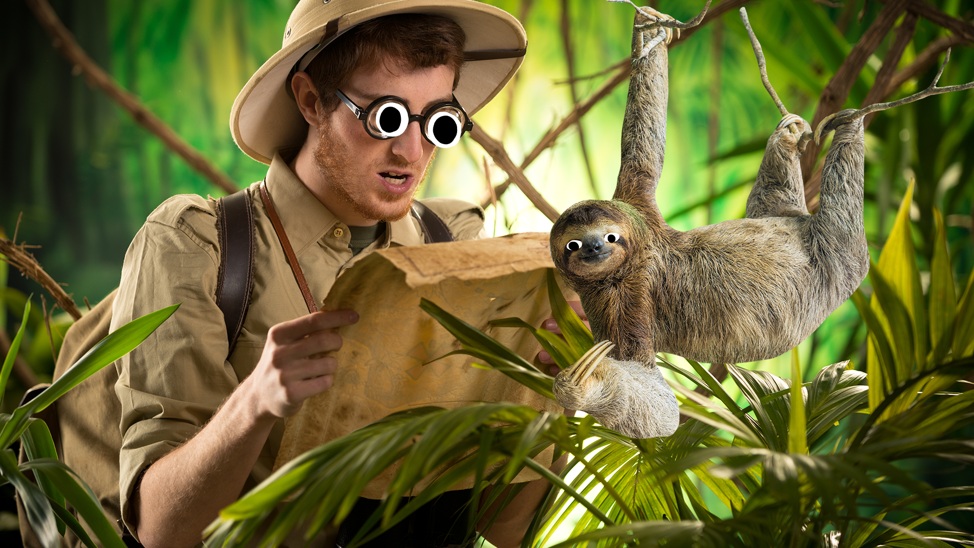 Man in jungle reading map with Beano sloth