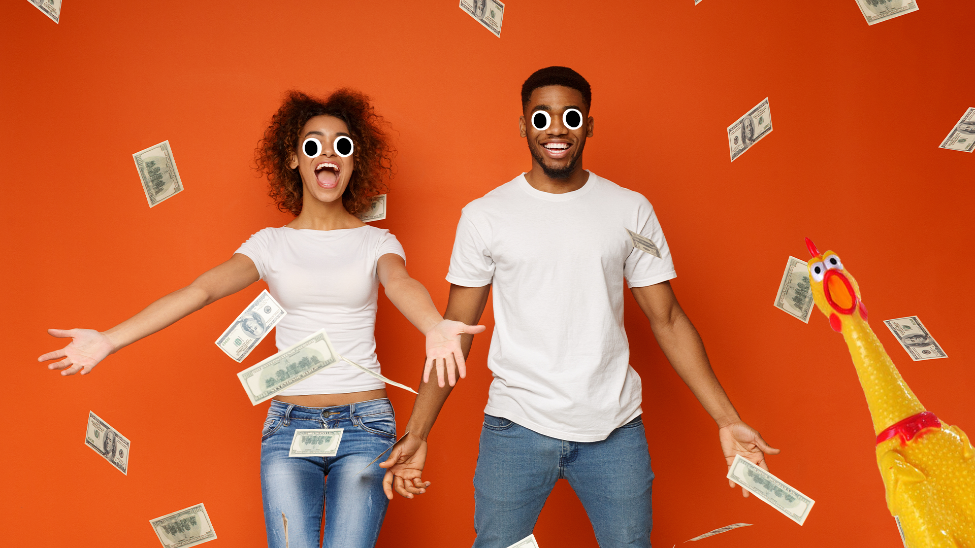 Man and woman surrounded by banknotes on orange background