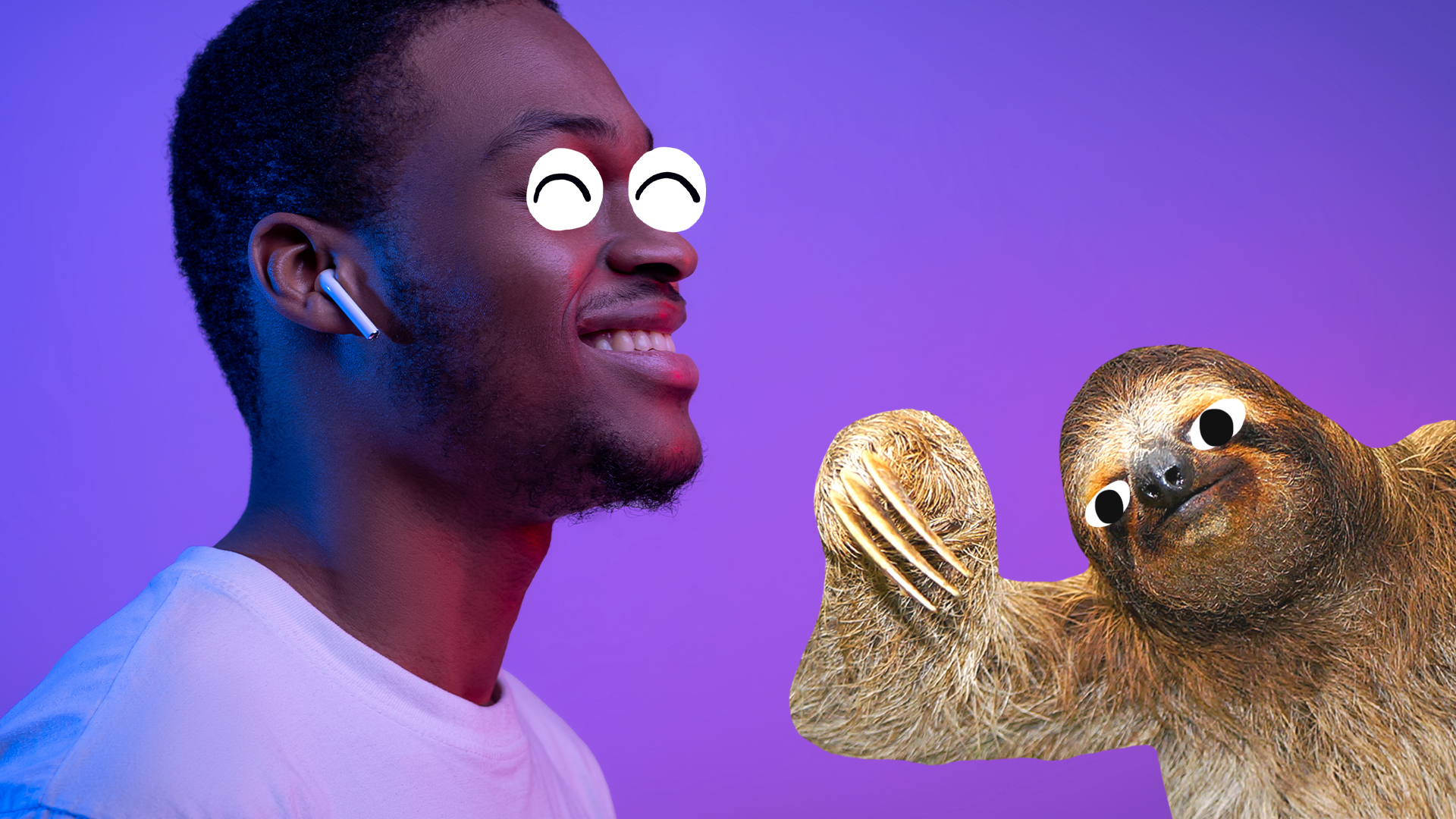 Man with airpods on purple background with derpy sloth 