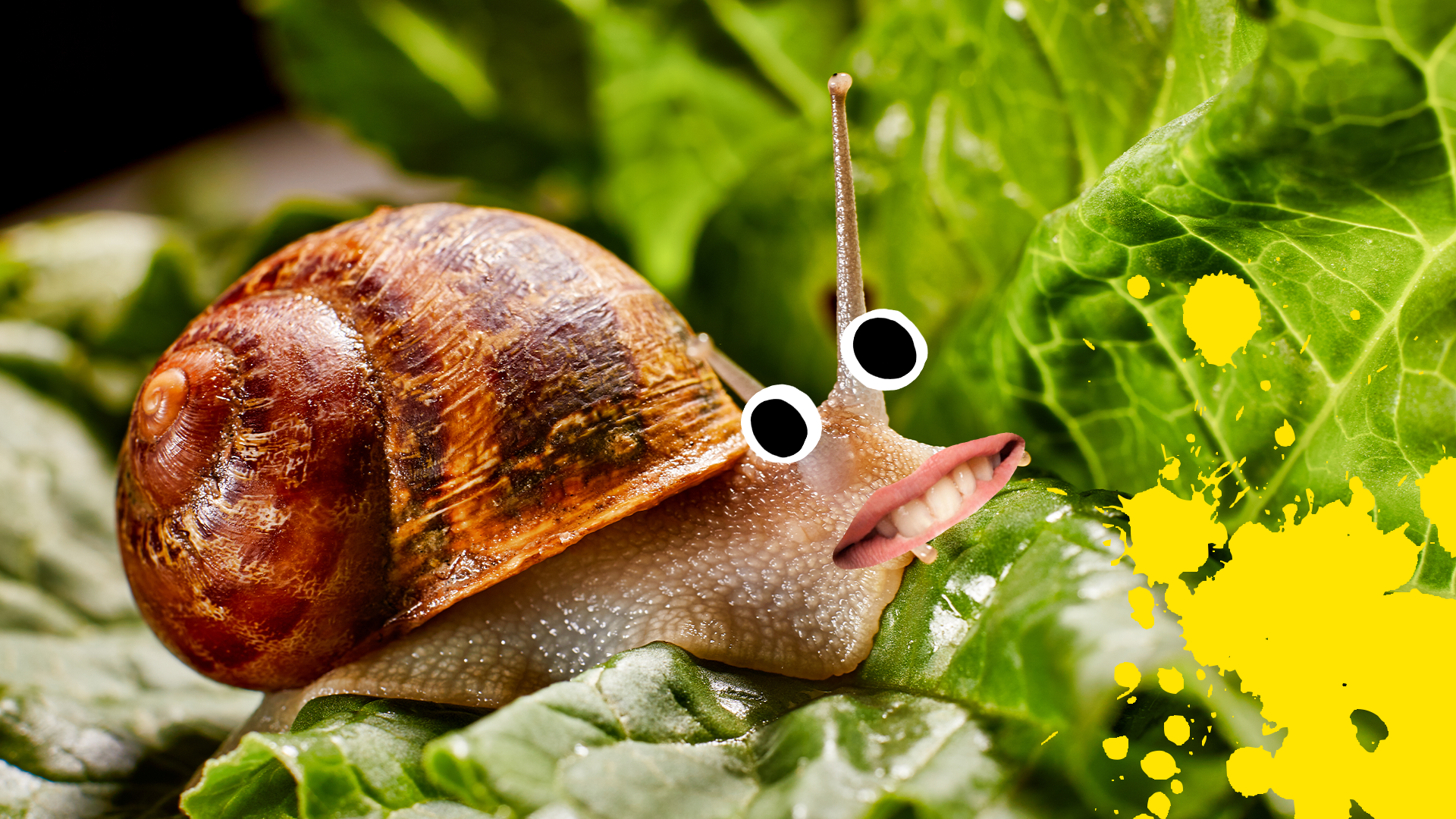 Snail with goofy face and yellow splat 