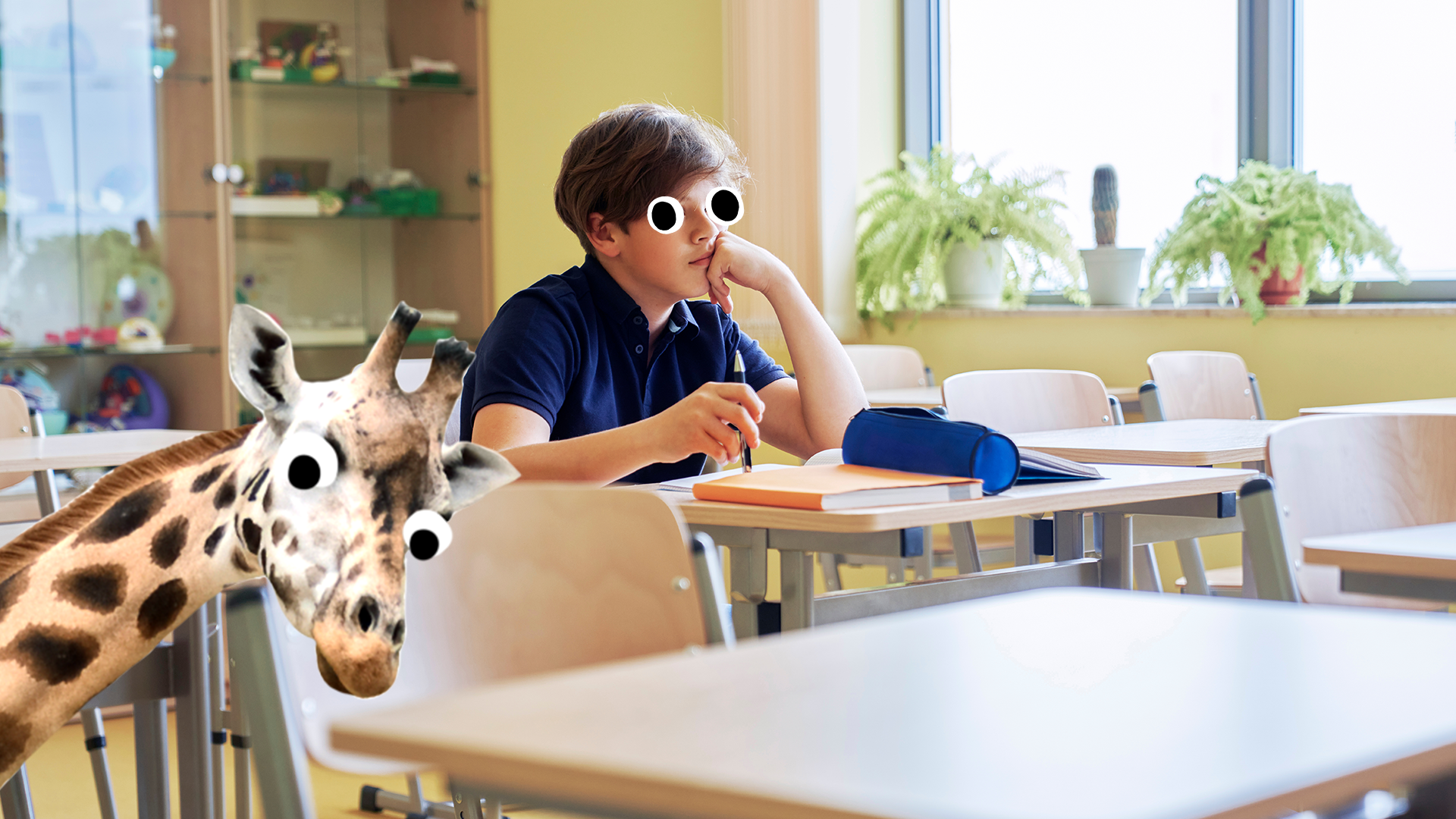 Boy alone in classroom with surprised giraffe 