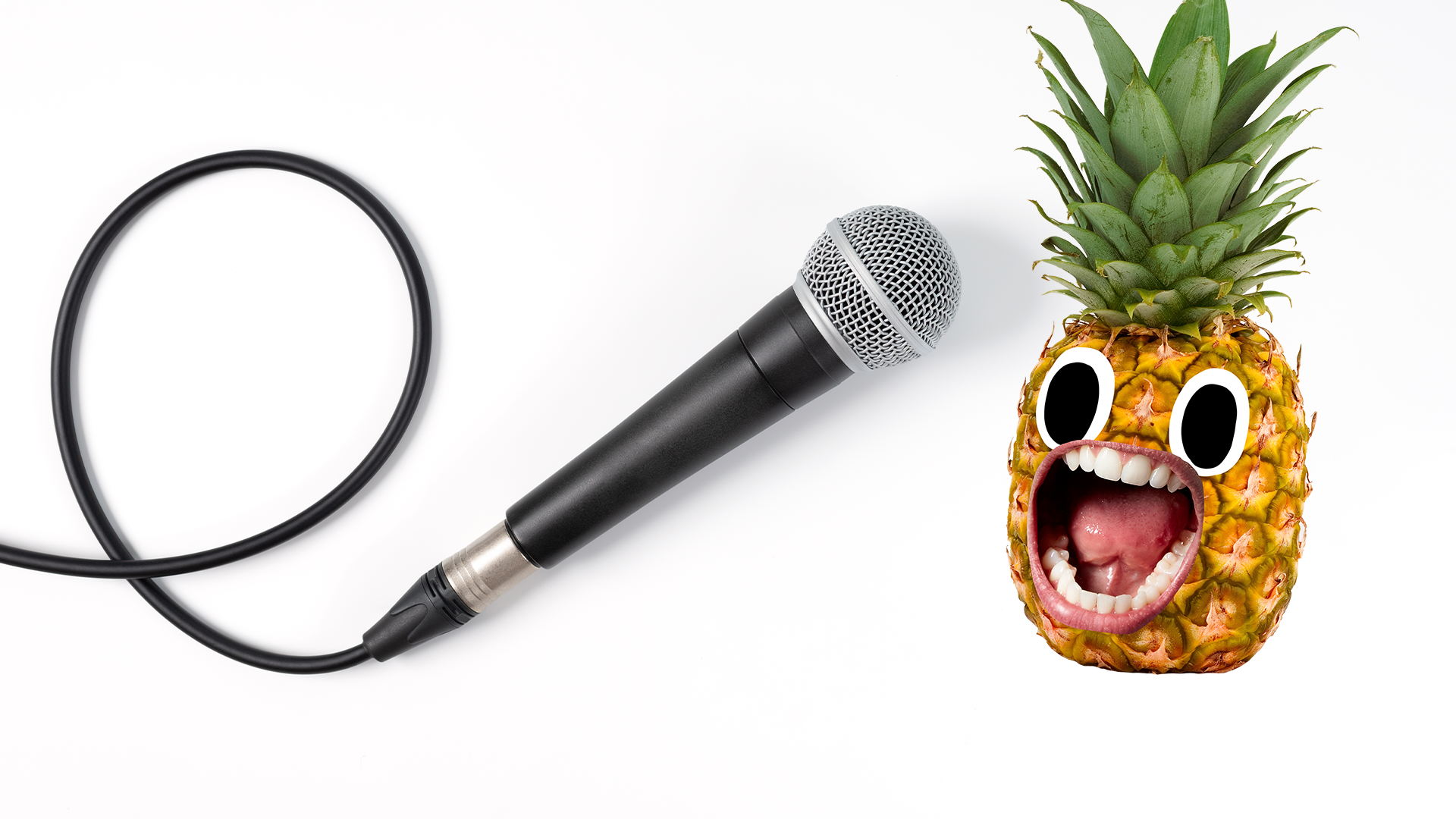 Screaming pineapple with microphone on white background