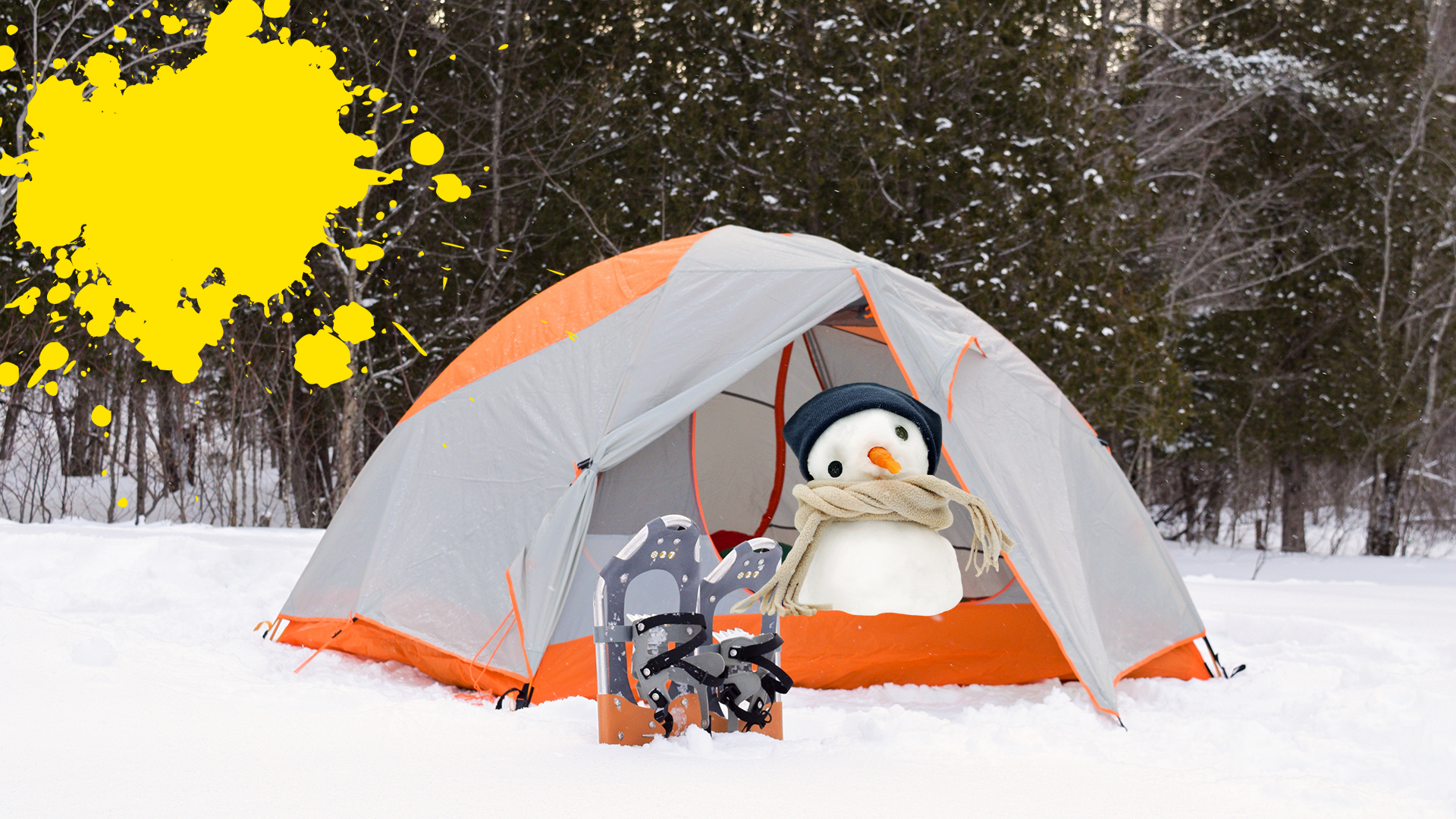 Snowman in tent in snowy woods with yellow splat