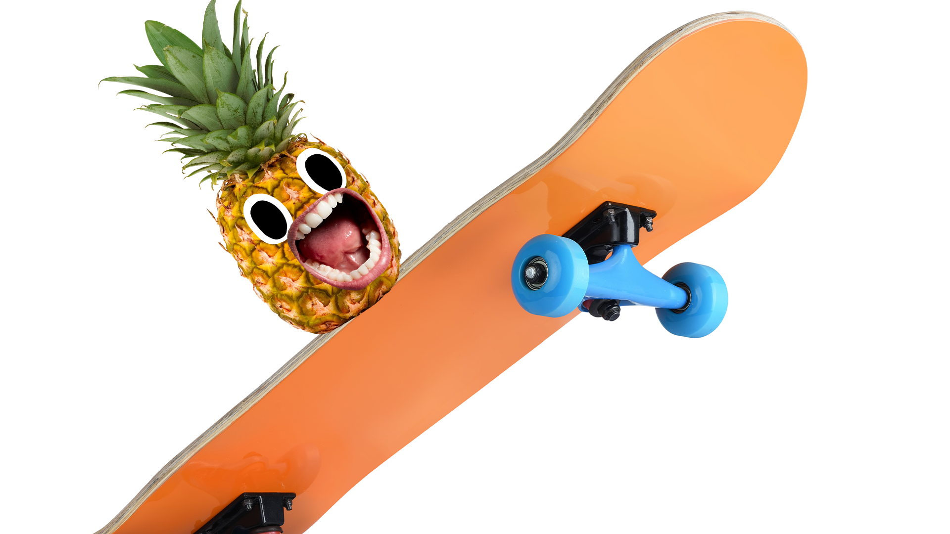 Screaming pineapple on skateboard on white background