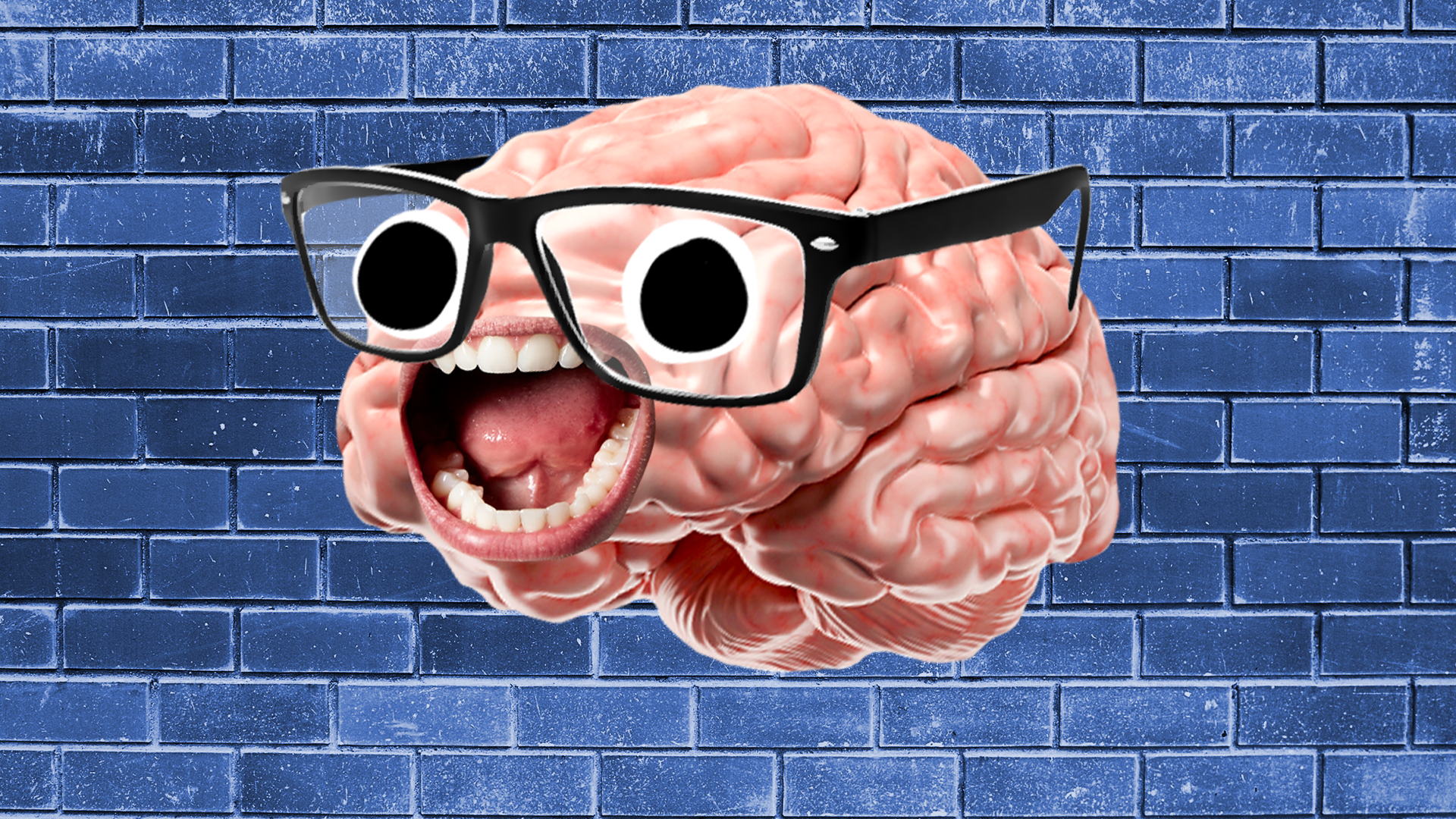 Brain with face on blue brick background