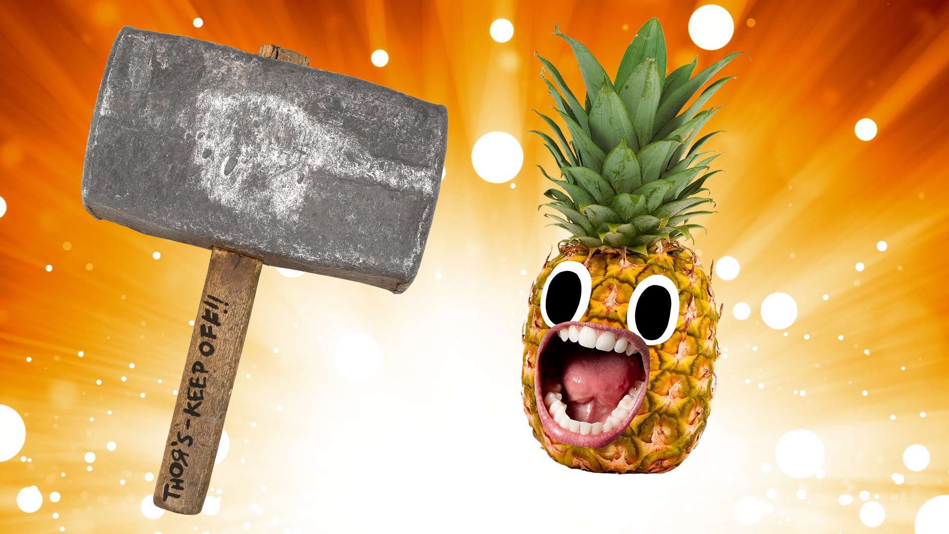 Thor's hammer and screaming pineapple on sparkle background