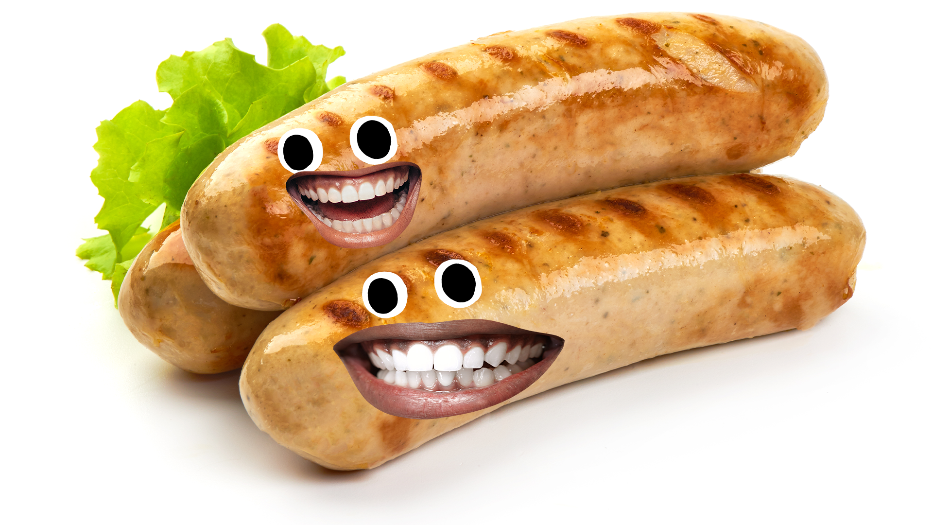 Pile of sausages with faces on white background