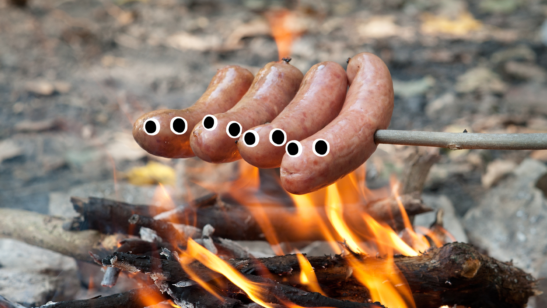 Sausauges with googly eyes being cooked on campfire