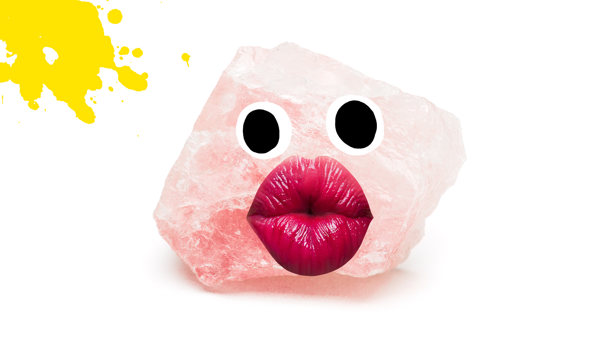 Rose quartz with goofy face and yellow splat on white background