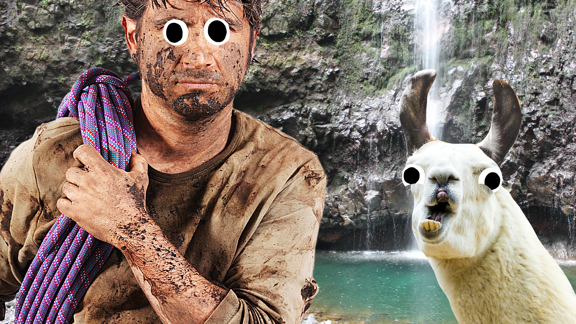 Tough out door man and derpy llama next to waterfall