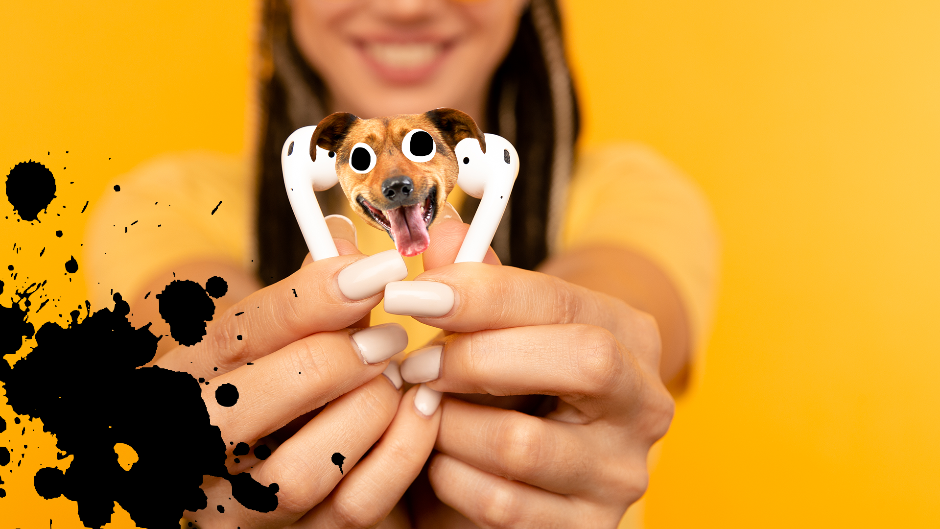 Woman on yellow background holding airpods with splat and dog face