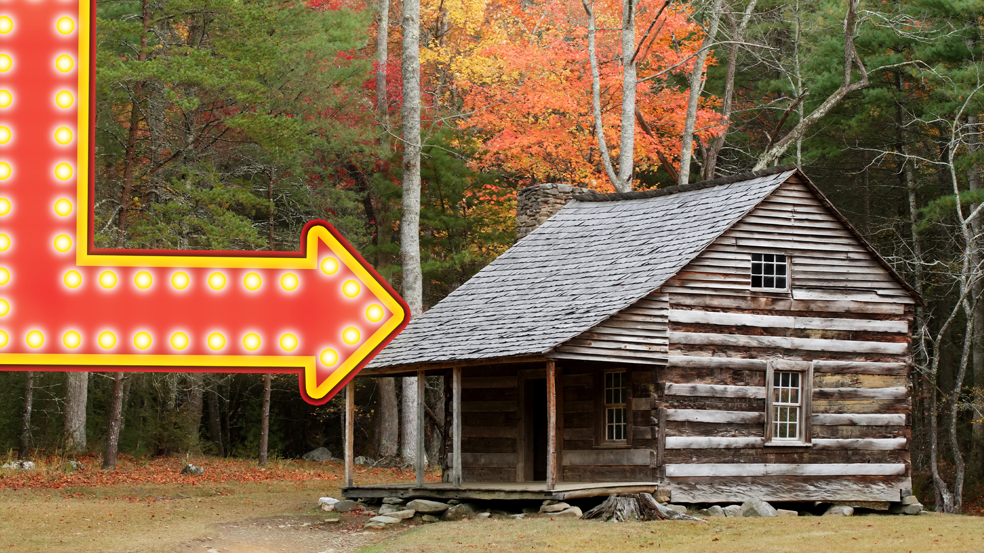 Log cabin in woods with arrow