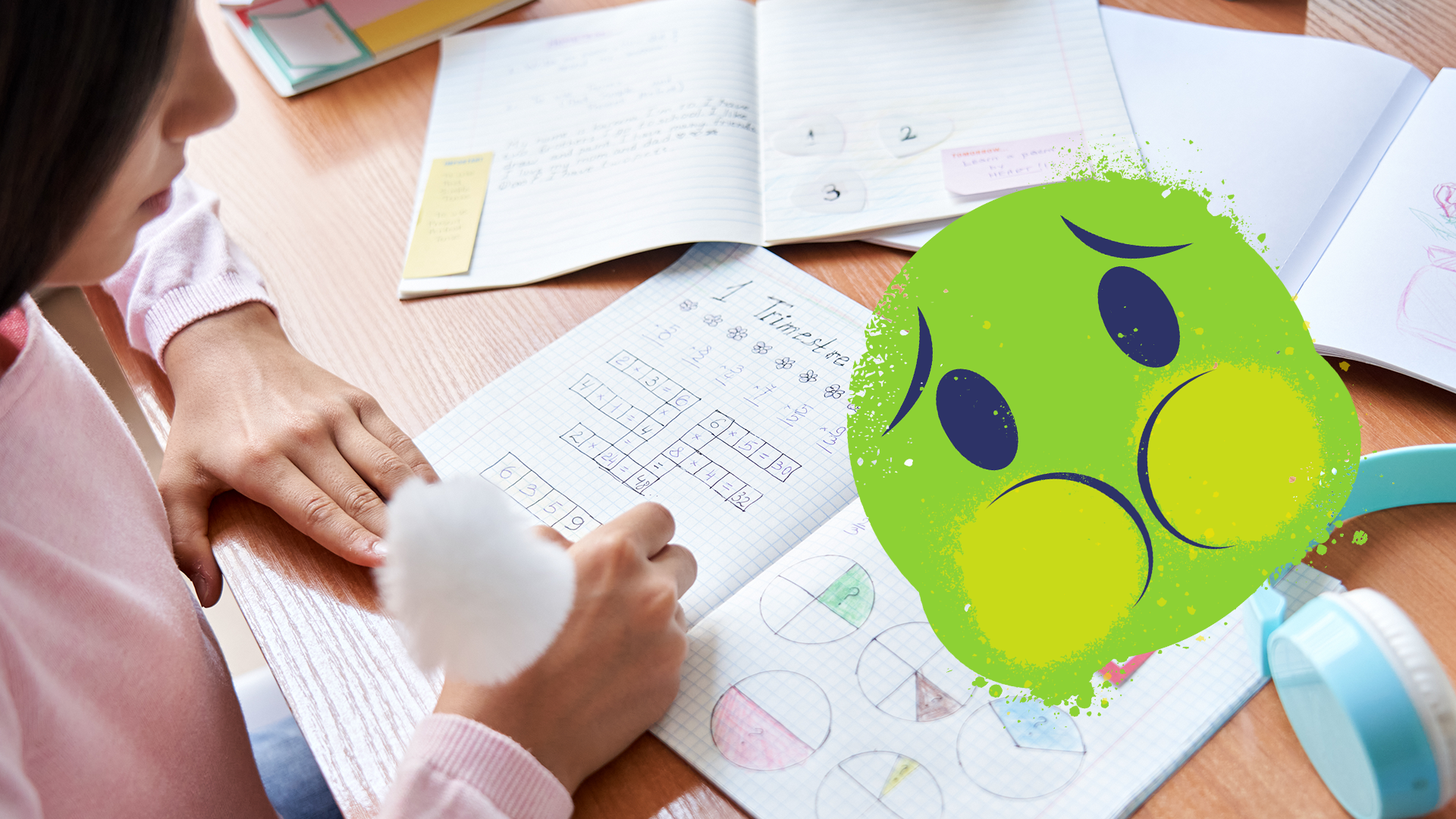 Child doing homework with sick emoji 