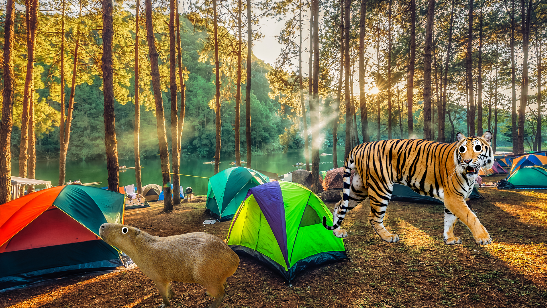 Tents in forest with Beano tiger and capybara 