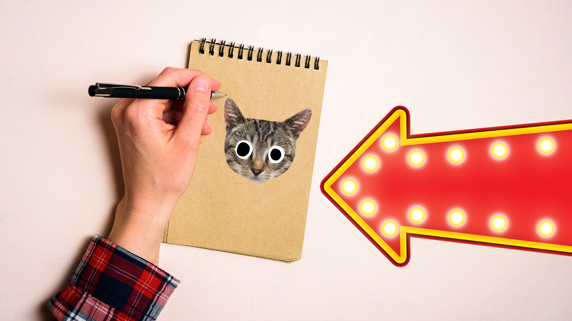 Lef hander writing on notepad with cat face and light up arrow
