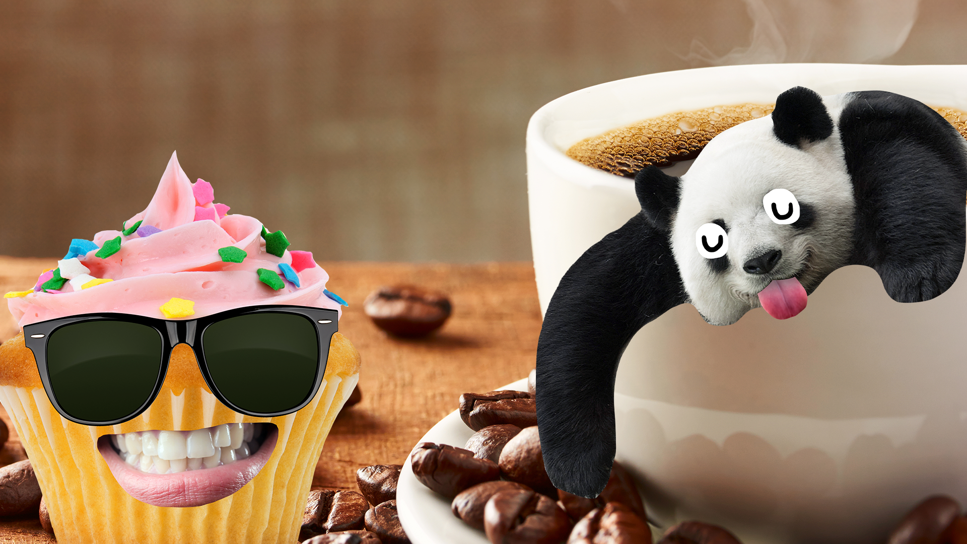 Coffee and coffee beans with cool cupcake and derpy panda