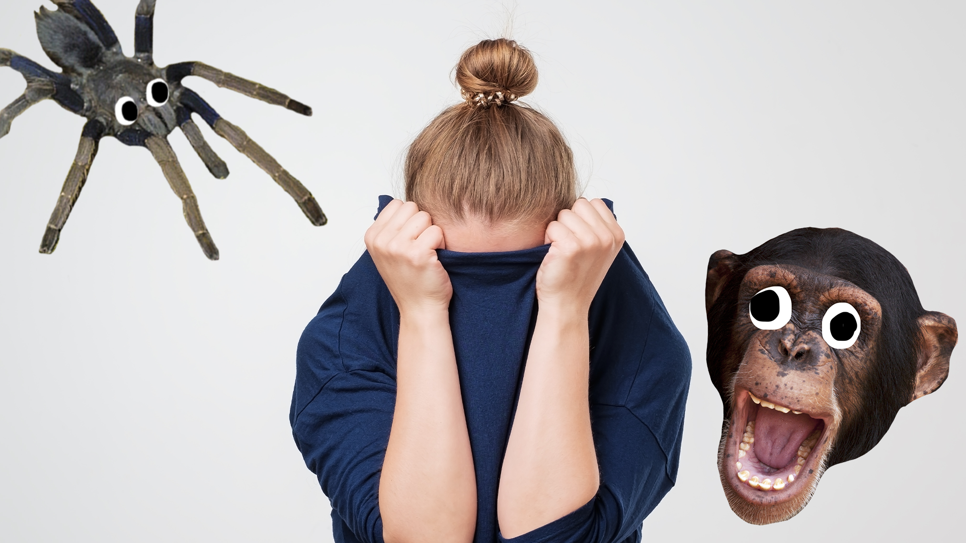 Woman covering her face on white background with Beano spider and chimp face