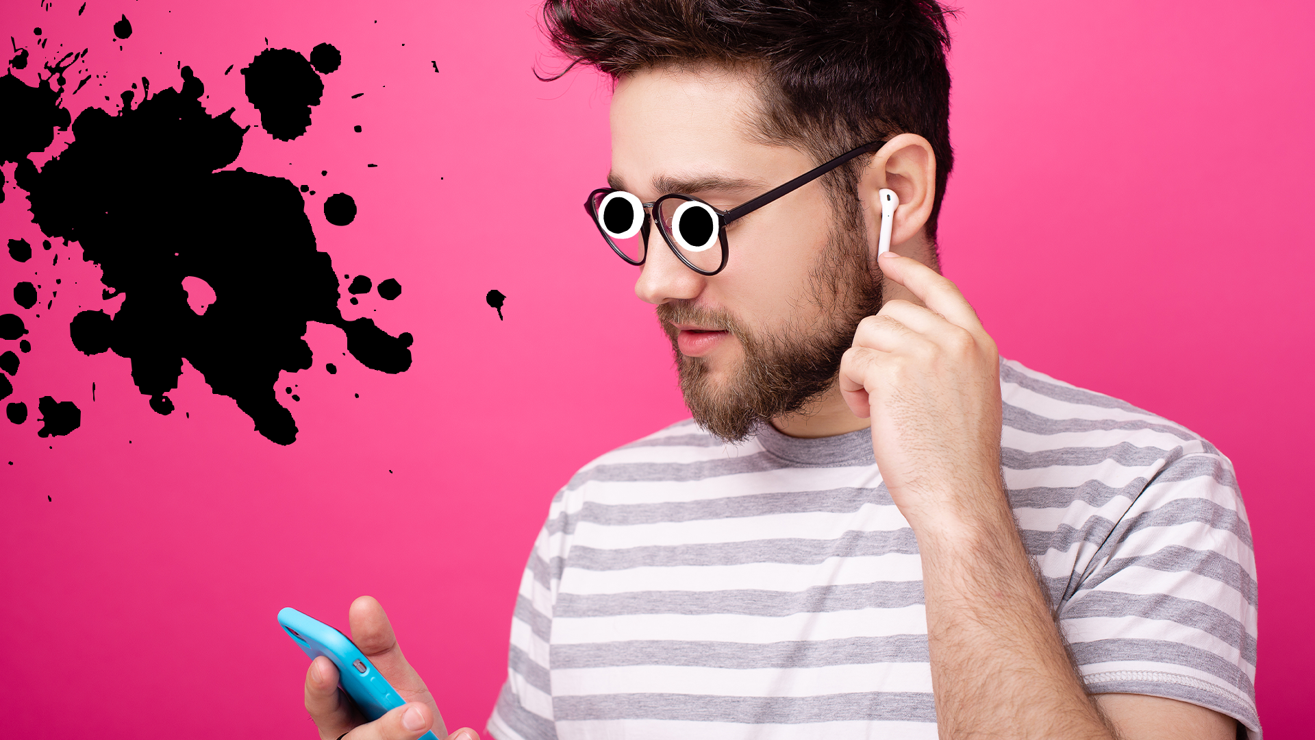 Man with airpods on pink background with splat
