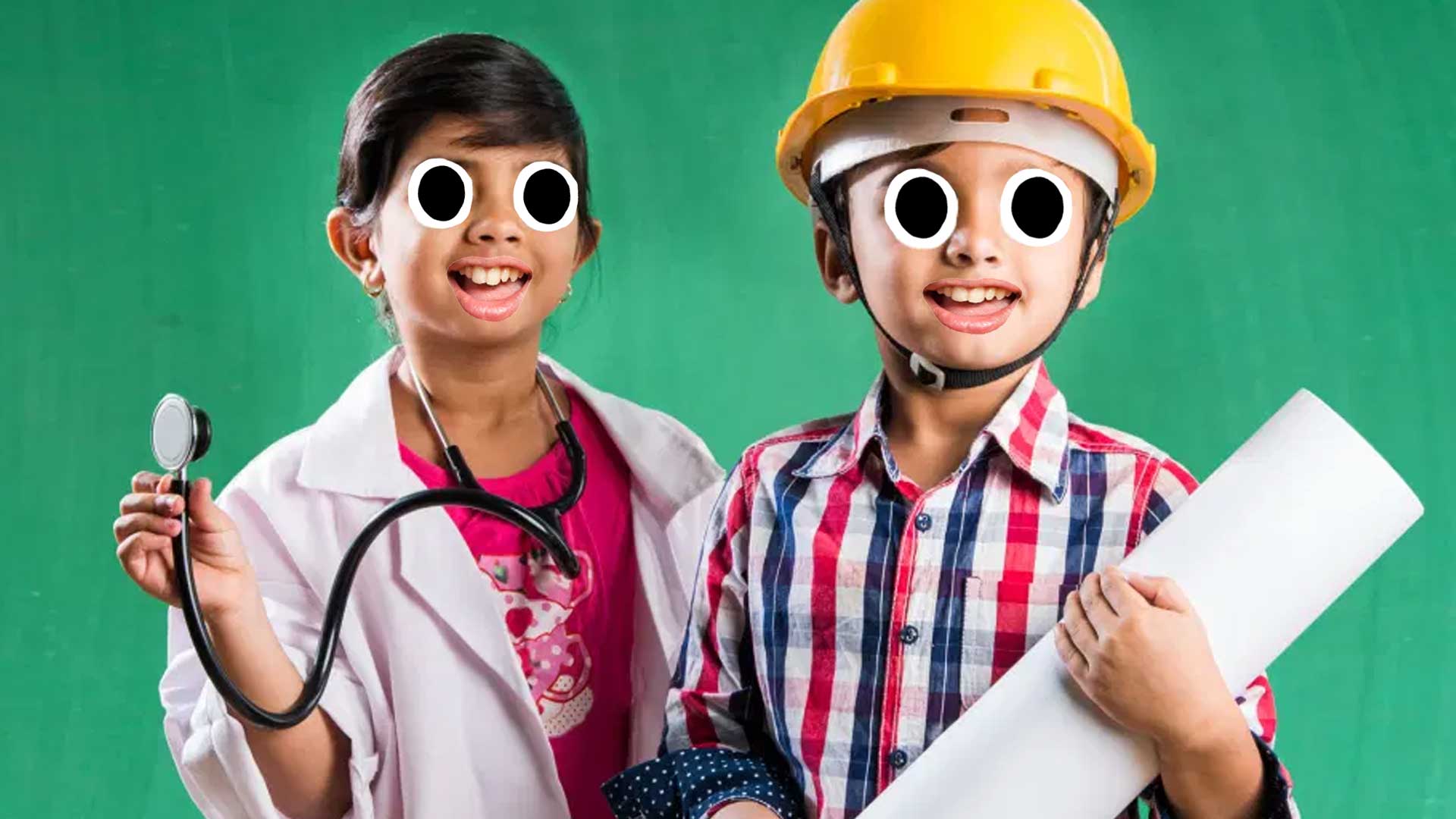 Two children dressed as a doctor and construction worker