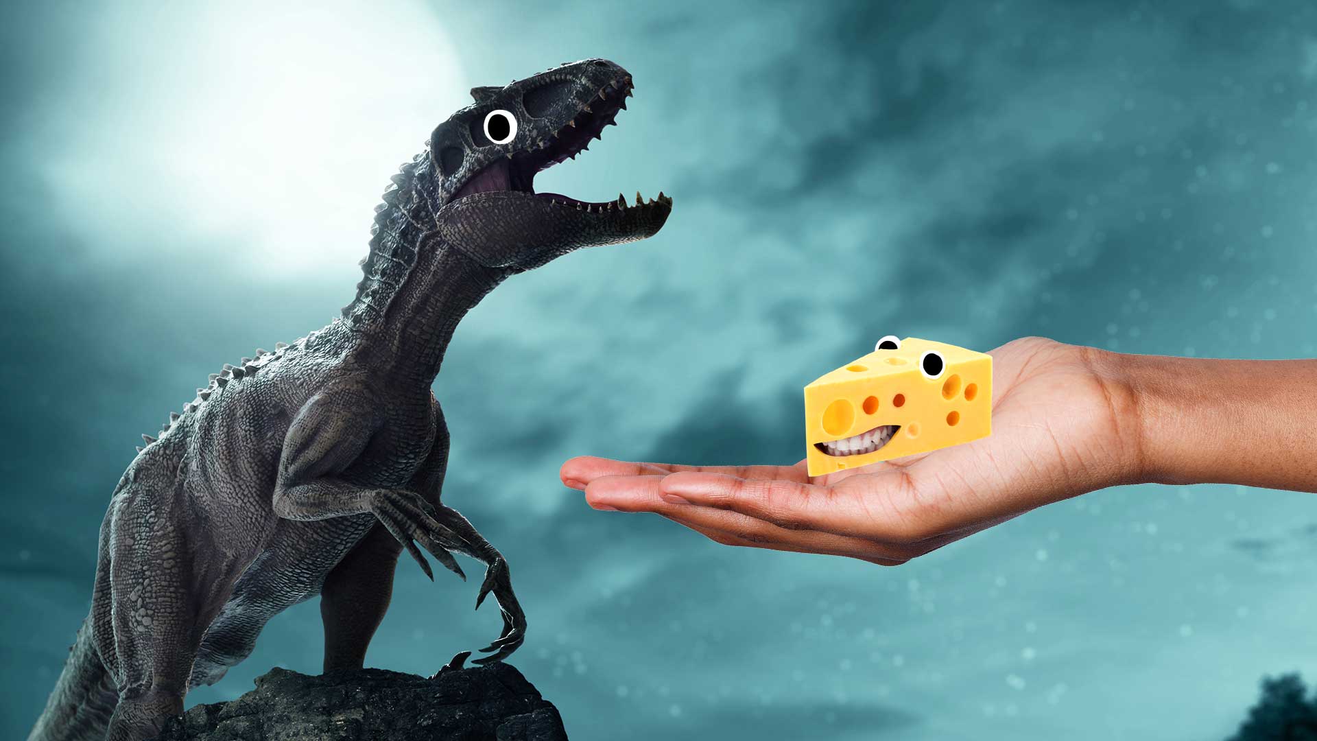 A person offering a dinosaur a piece of cheese