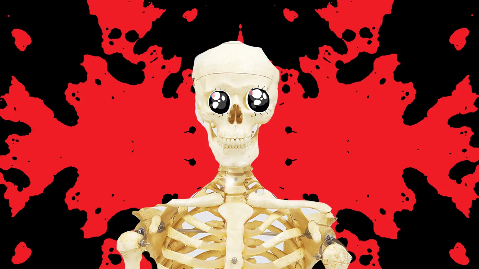 Smiling skeleton in front of a black and red background