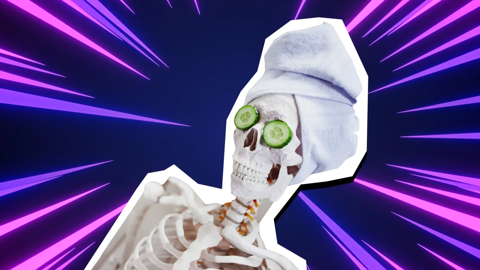 Grinning skeleton with two slices of cucumber on their eyes