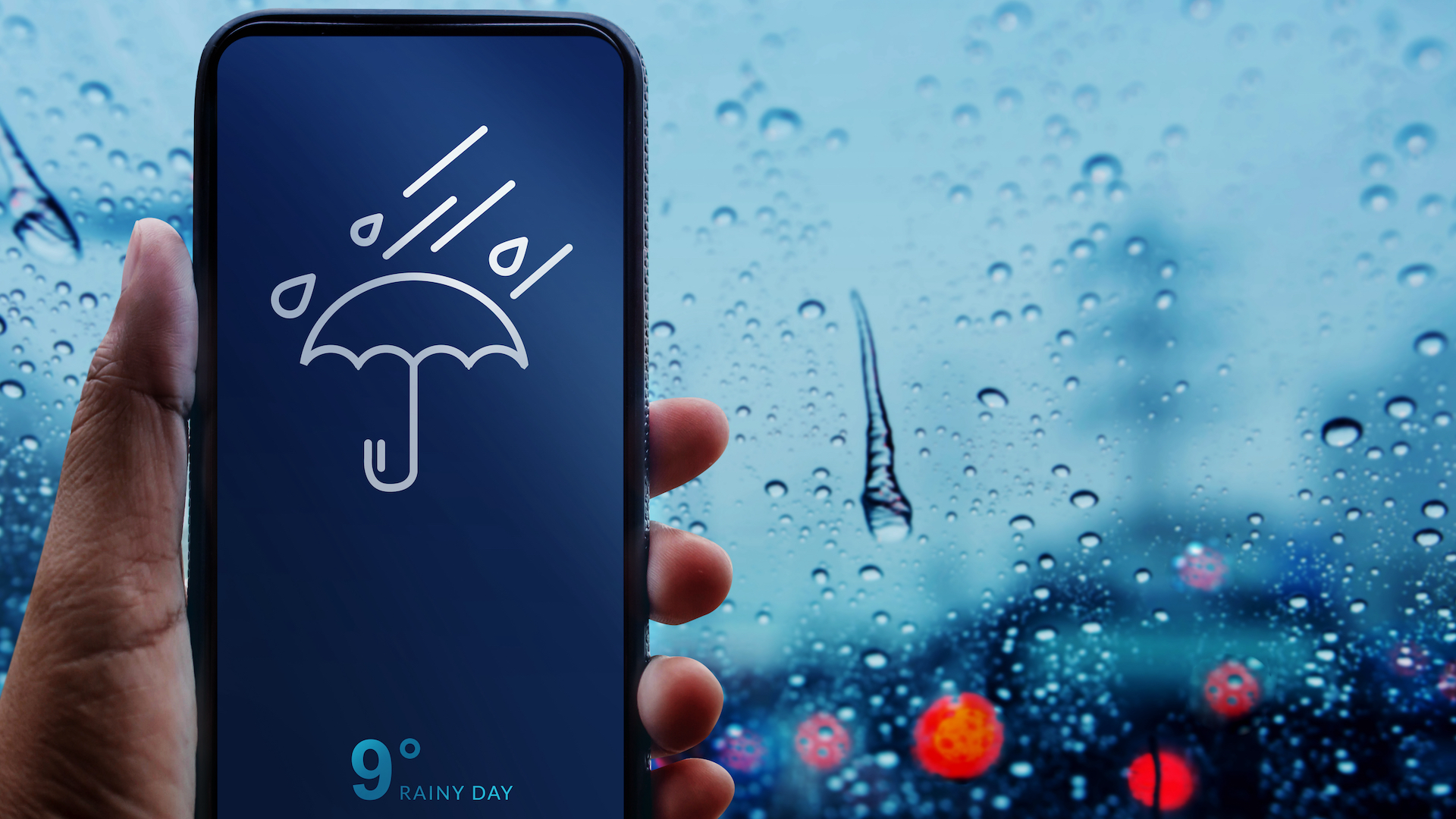An app showing the weather on a rainy day