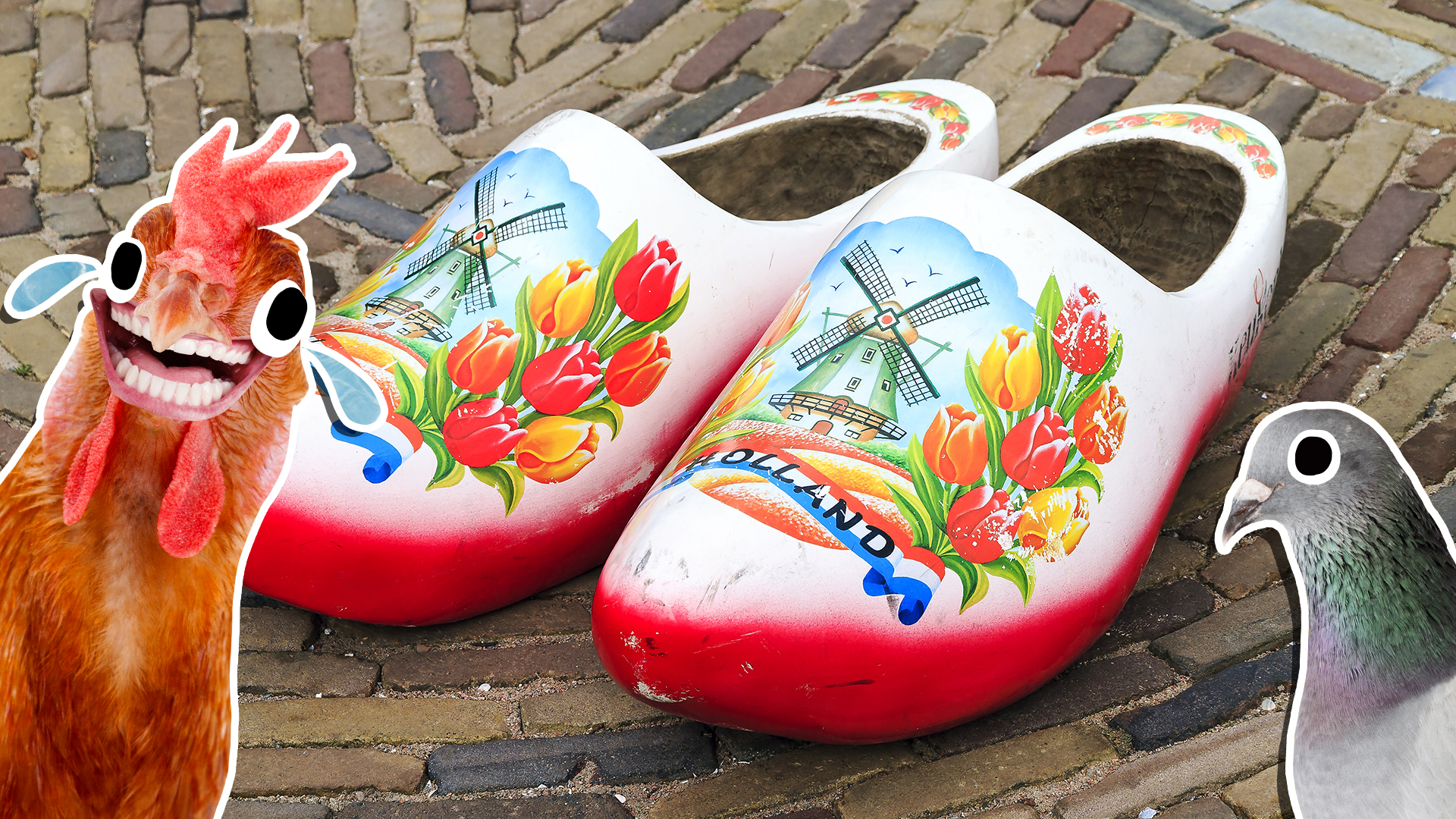 A pair of Dutch wooden clogs, a laughing chicken and a pigeon