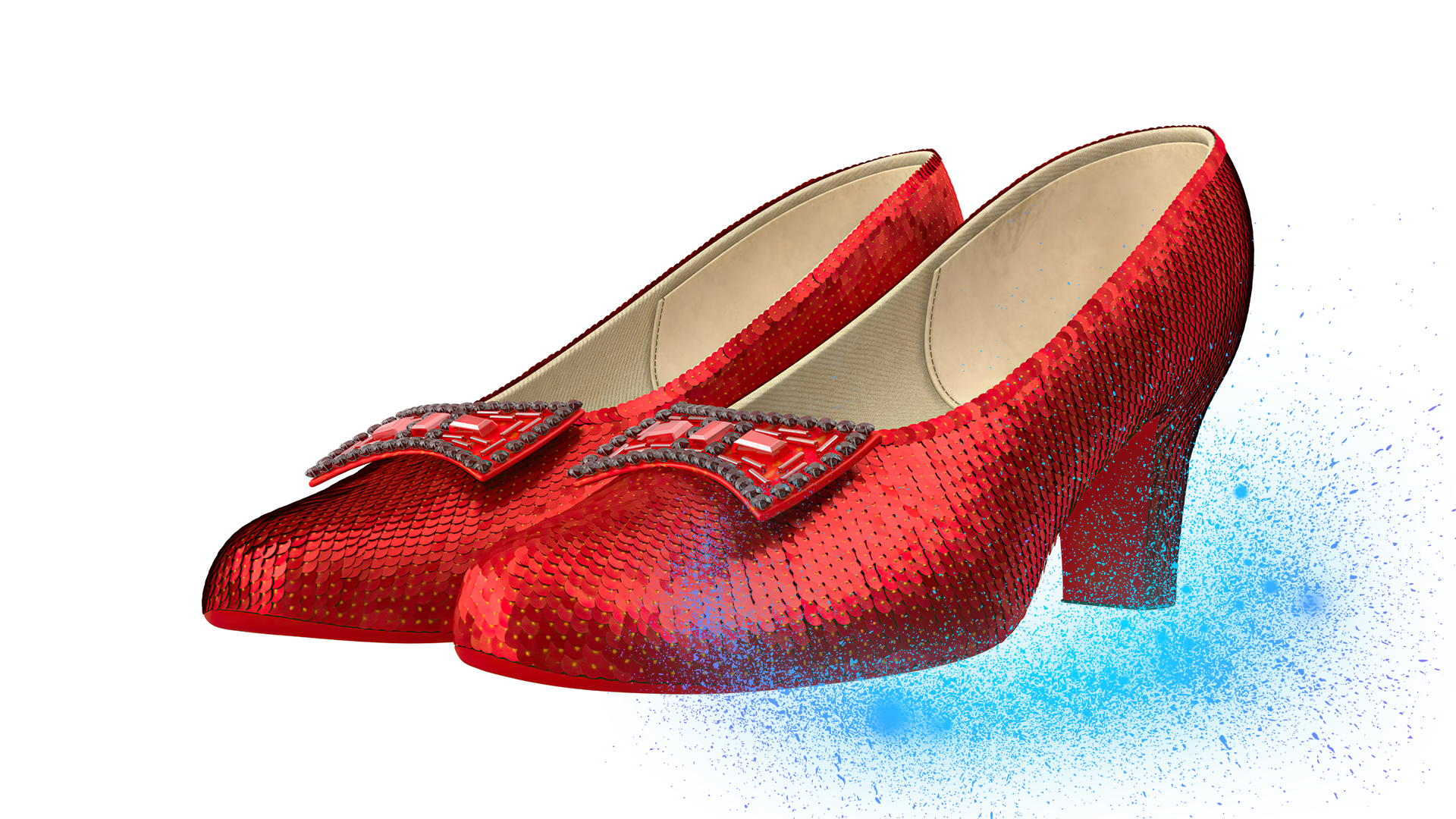 Ruby slippers on white background with Beano magic sparkles 