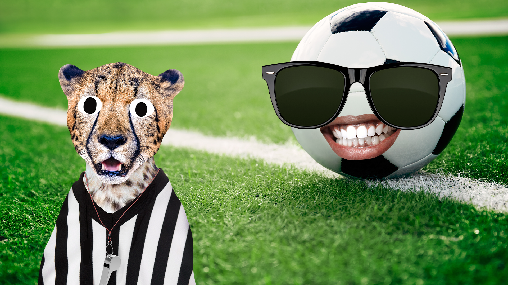 Referee cheetah and football with face on grass