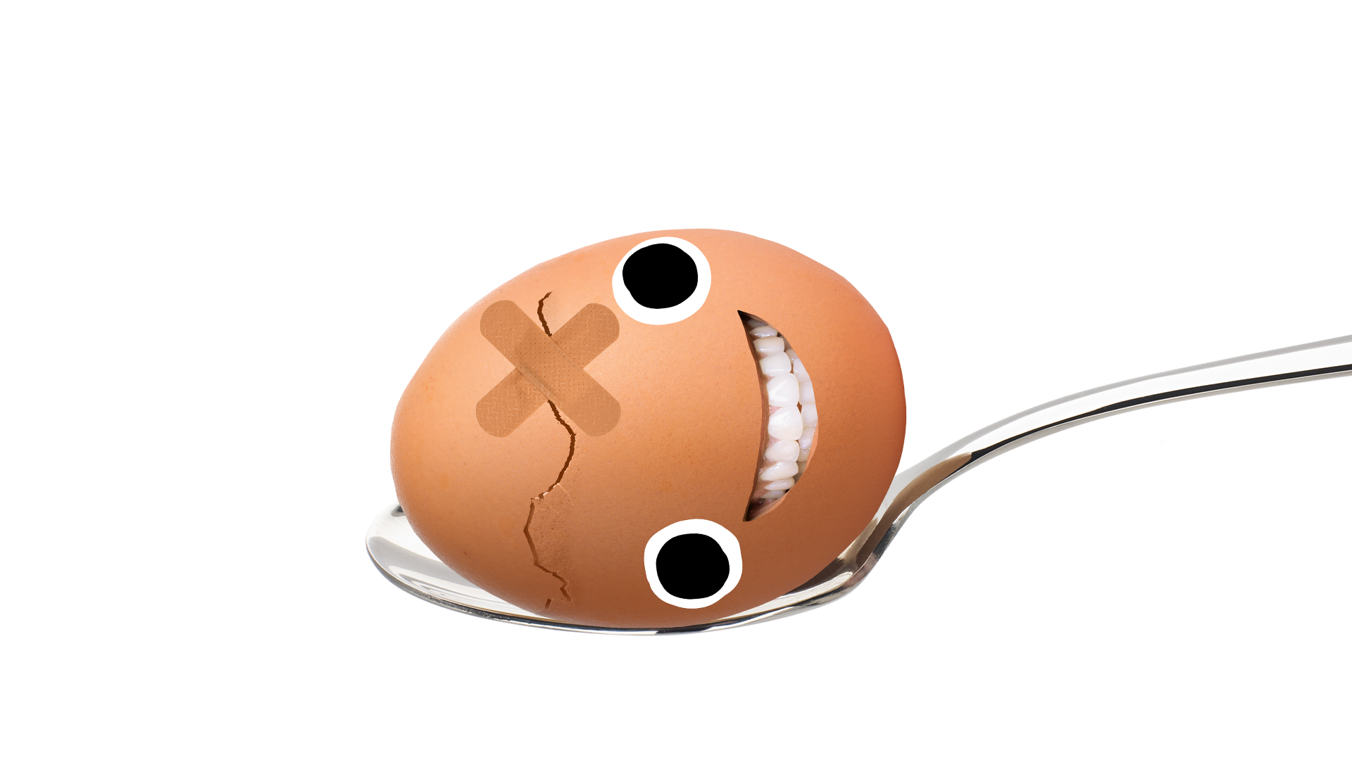Egg with face on spoon on white background 