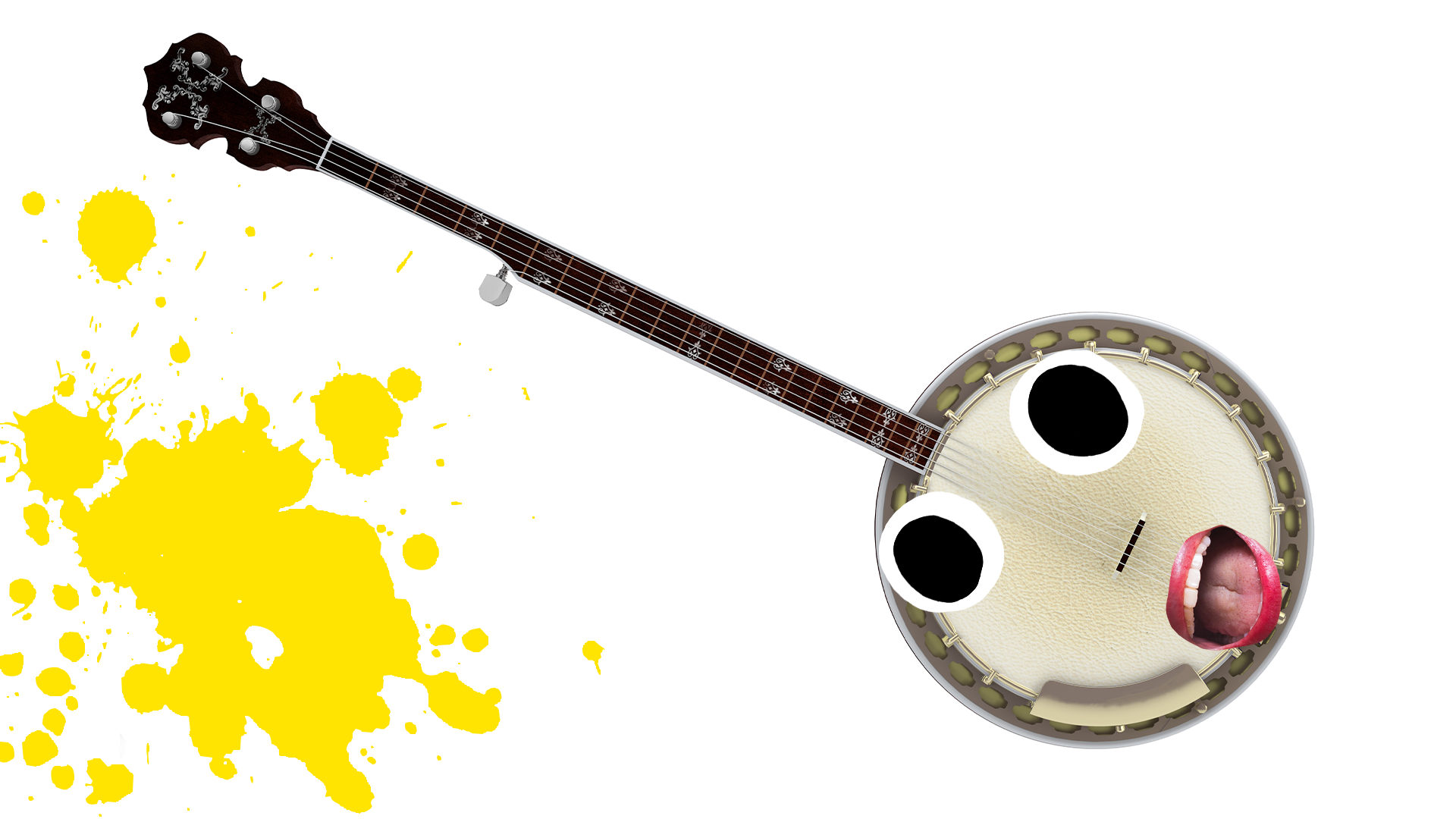 Banjo with derpy face and yellow splat on white background 