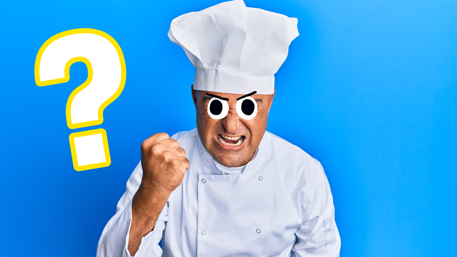 Angry chef on blue background with question mark