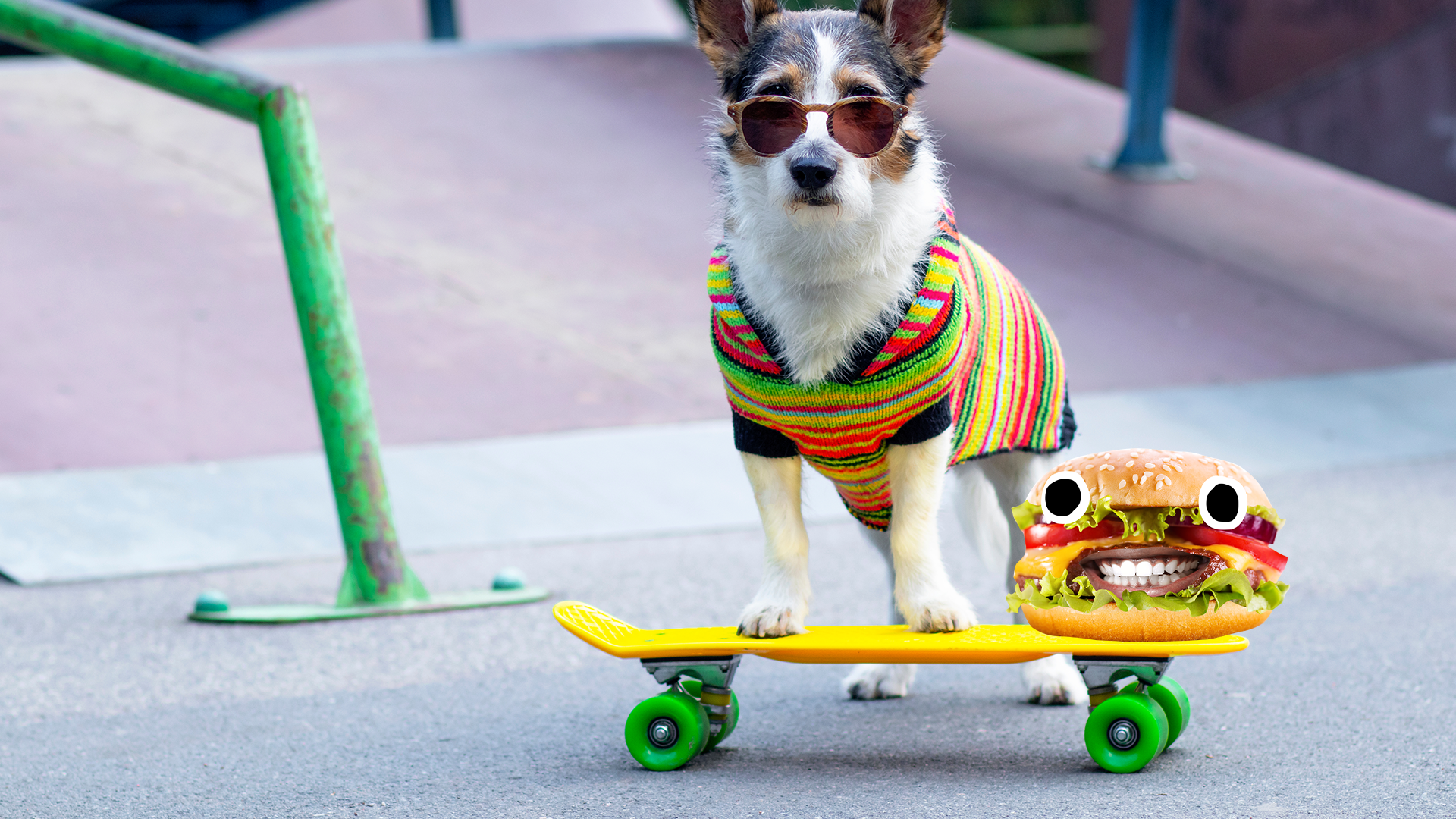 Hip dog on skateboard with grinning burger