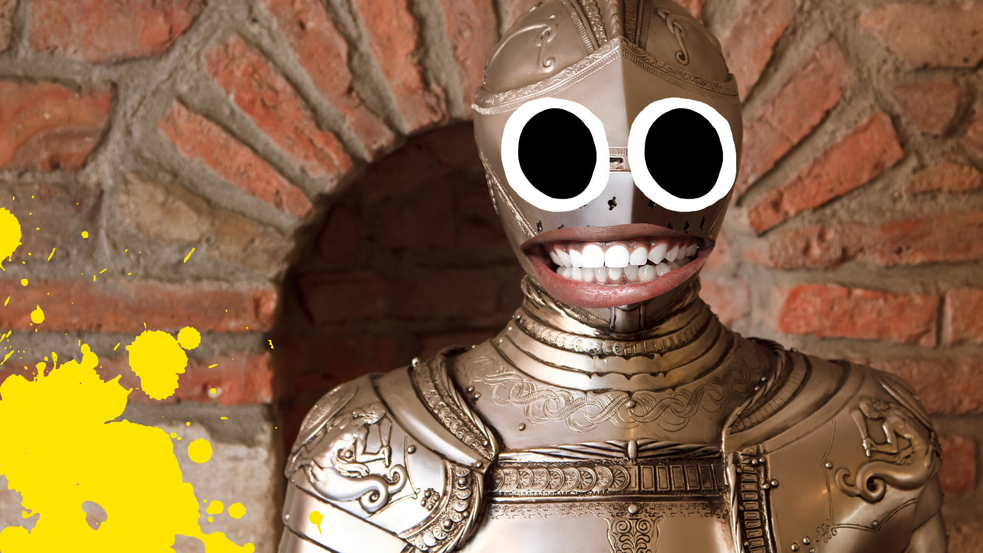 Suit of armour next to wall with goofy face and yellow splats 